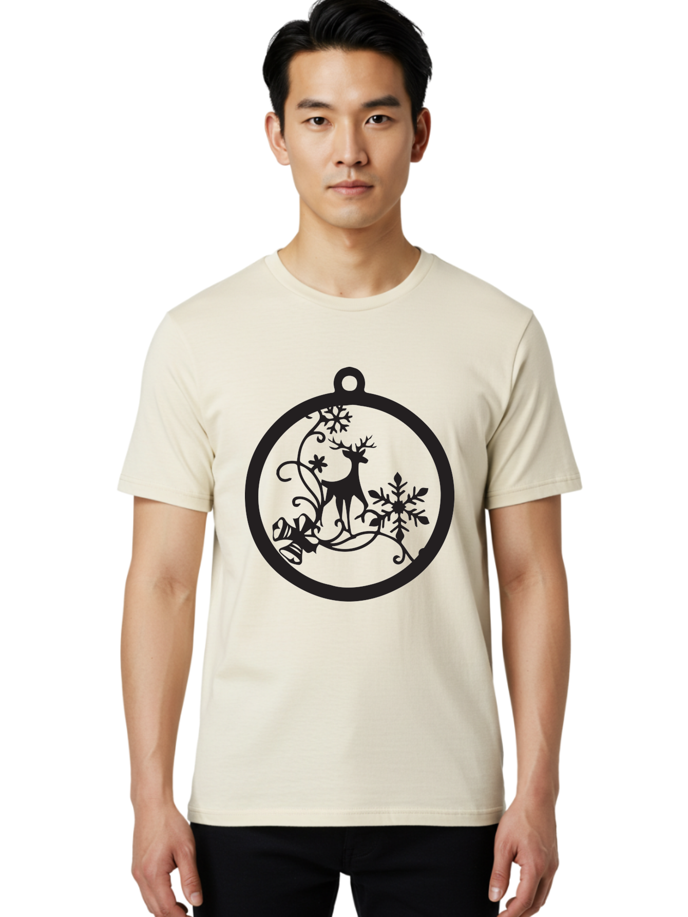 Deer-And-Snowflakes-Ornament Men'S Graphic Tee, 100% Cotton, Comfortable Casual Summer Wear, Machine Washable, Reindeer Silhouette, Christmas Decoration, Festive Design, Winter Wonderland, Holiday Decor, Snowflakes, Leaves, Aac637