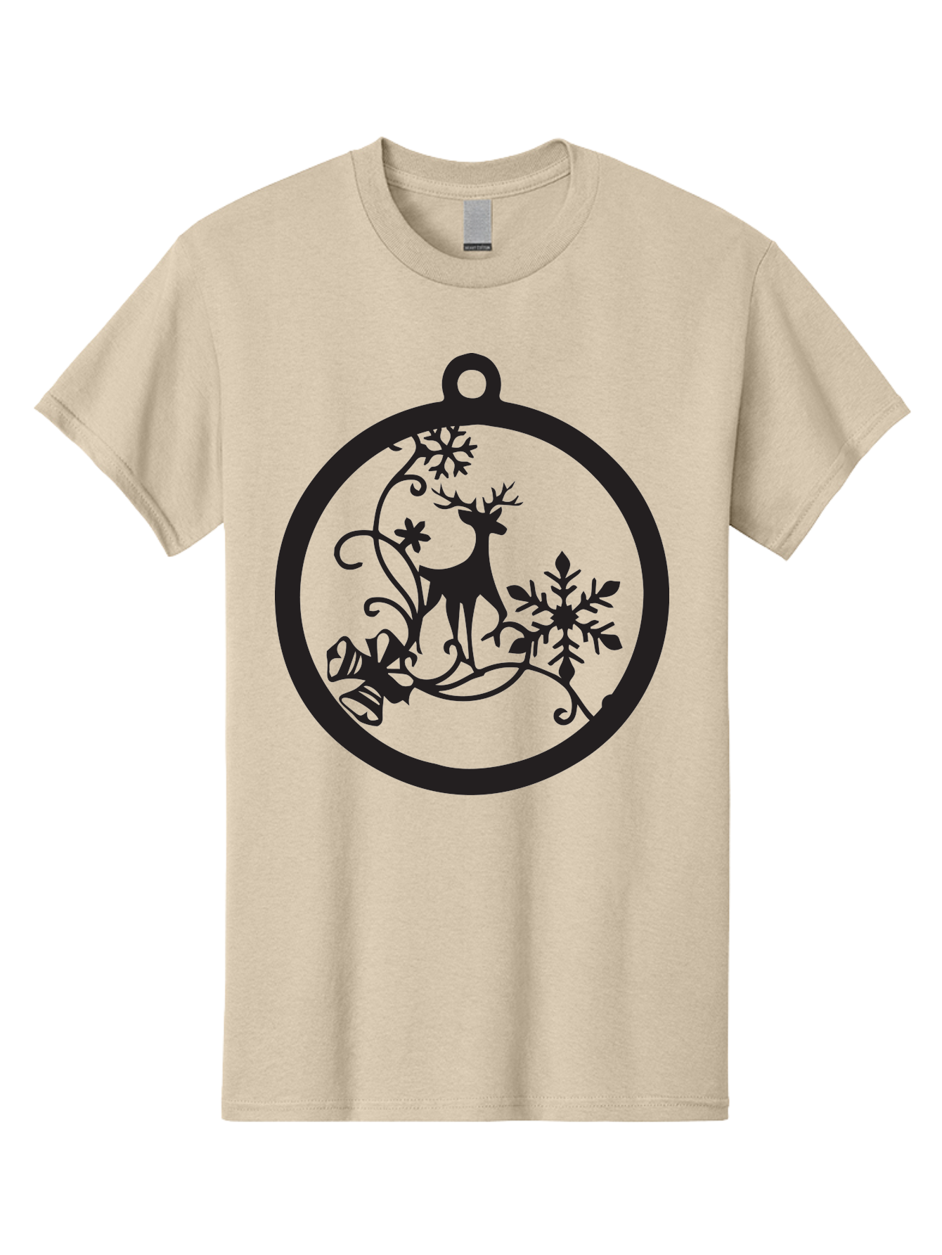 Deer-And-Snowflakes-Ornament Men'S Graphic Tee, 100% Cotton, Comfortable Casual Summer Wear, Machine Washable, Reindeer Silhouette, Christmas Decoration, Festive Design, Winter Wonderland, Holiday Decor, Snowflakes, Leaves, Aac637