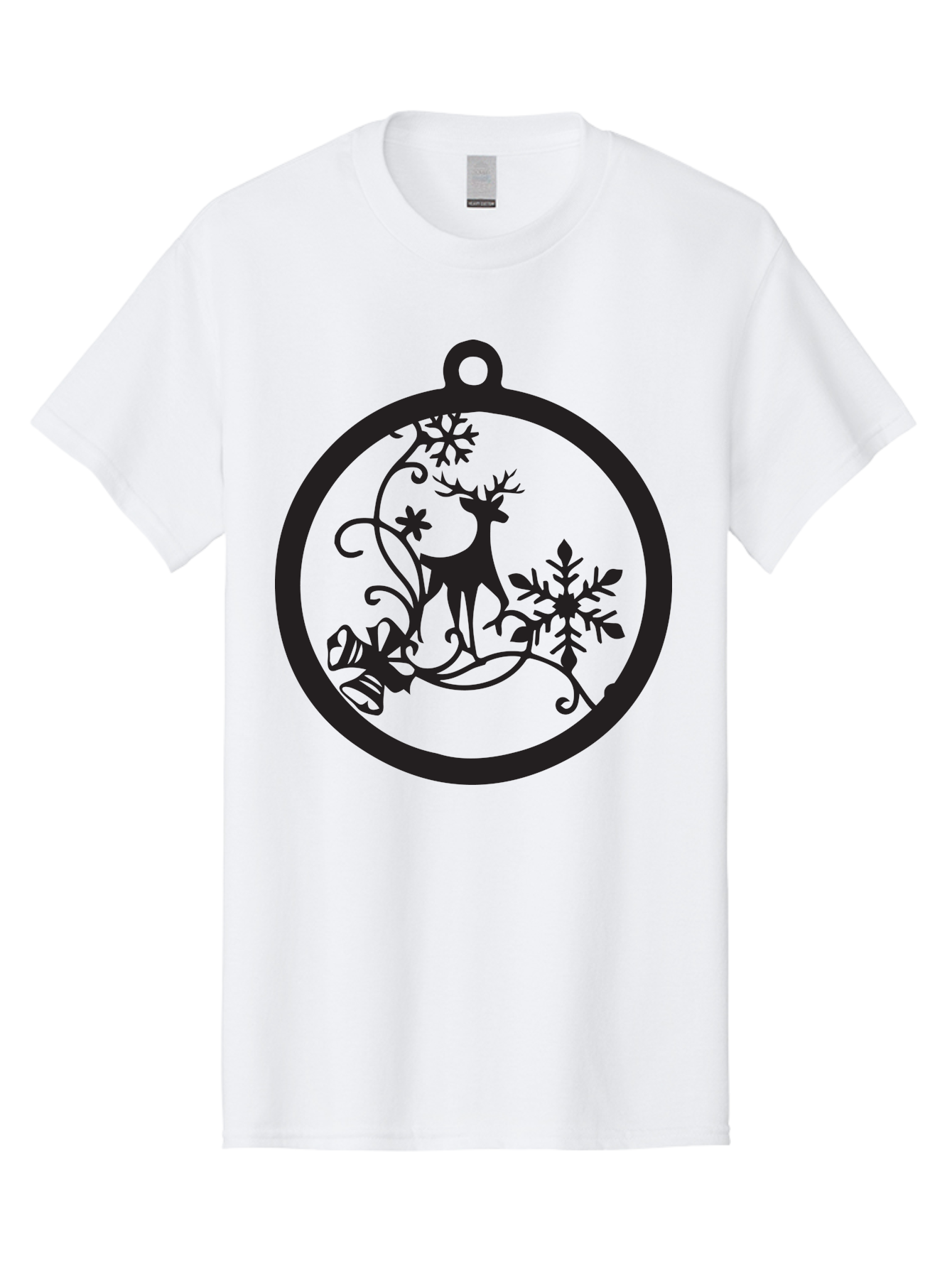 Deer-And-Snowflakes-Ornament Men'S Graphic Tee, 100% Cotton, Comfortable Casual Summer Wear, Machine Washable, Reindeer Silhouette, Christmas Decoration, Festive Design, Winter Wonderland, Holiday Decor, Snowflakes, Leaves, Aac637