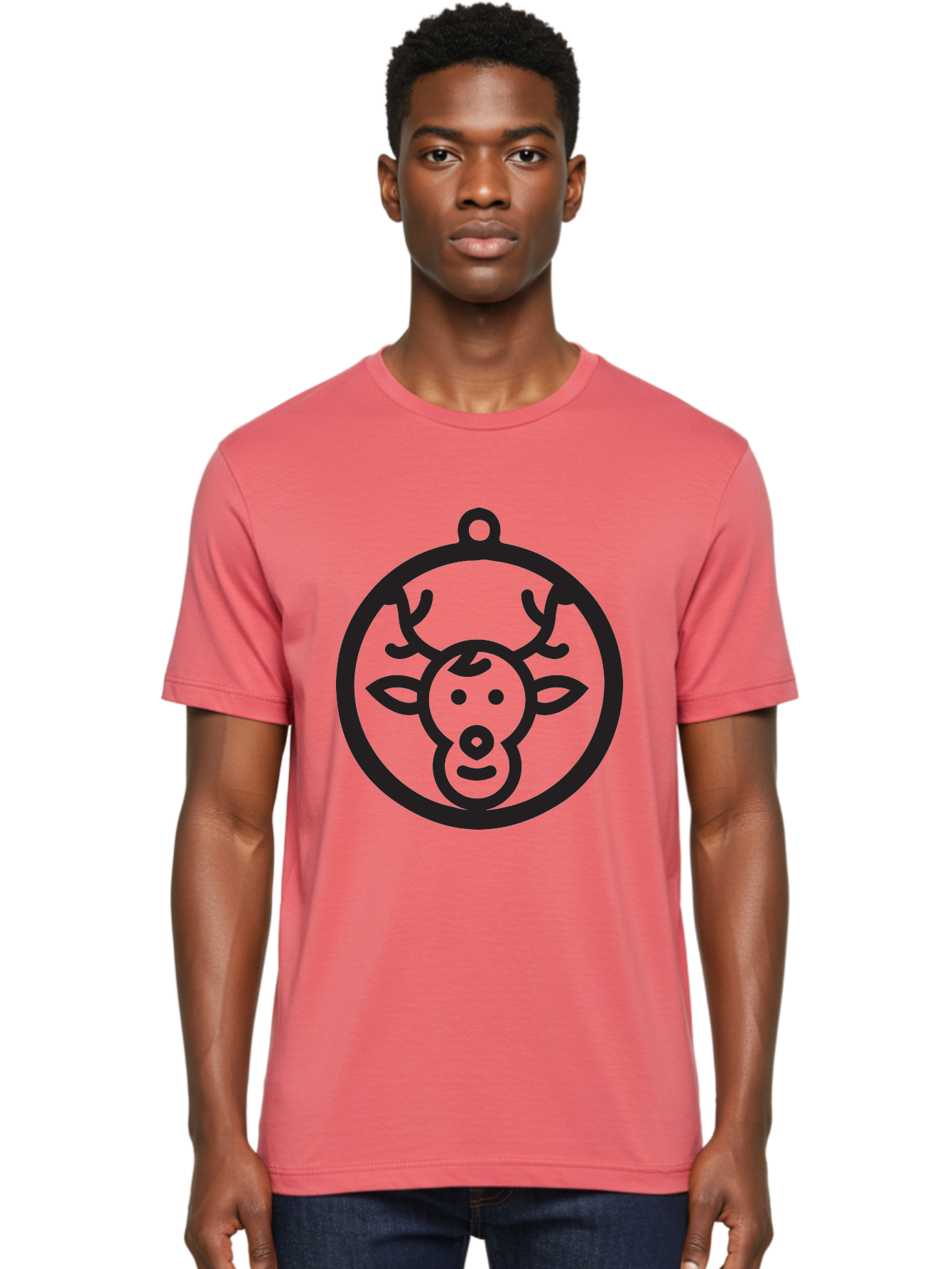 Deer-Head-Ornament Men'S Graphic Tee, 100% Cotton, Comfortable Casual Summer Wear, Machine Washable, Reindeer Face, Minimalist Design, Festive Decoration, Christmas Symbol, Holiday Theme, Cartoon Deer, Simple Illustration, Ornament Shape Aac640