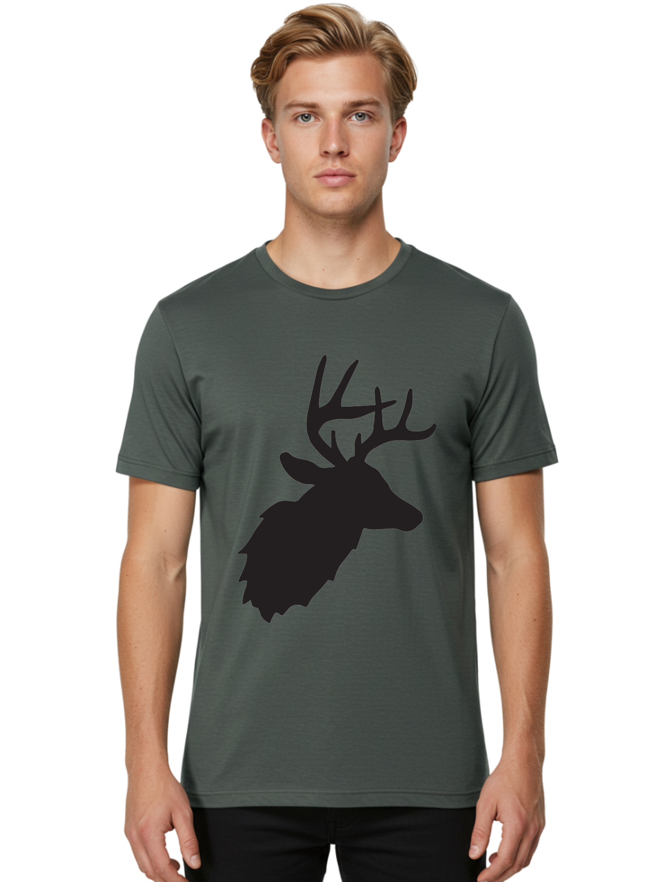Deer-Head-Silhouette Men'S Graphic Tee, 100% Cotton, Comfortable Casual Summer Wear, Machine Washable, Elk Silhouette, Wildlife Art, Majestic Animal, Forest Creature, Hunting Symbol, Nature Icon, Graphic Design, Simple Illustration, Aac641