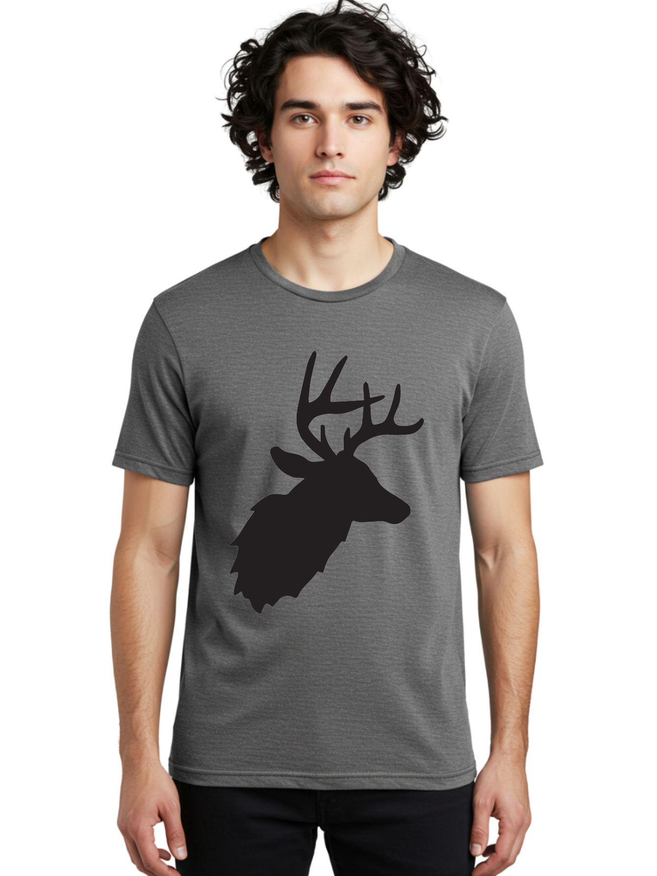Deer-Head-Silhouette Men'S Graphic Tee, 100% Cotton, Comfortable Casual Summer Wear, Machine Washable, Elk Silhouette, Wildlife Art, Majestic Animal, Forest Creature, Hunting Symbol, Nature Icon, Graphic Design, Simple Illustration, Aac641