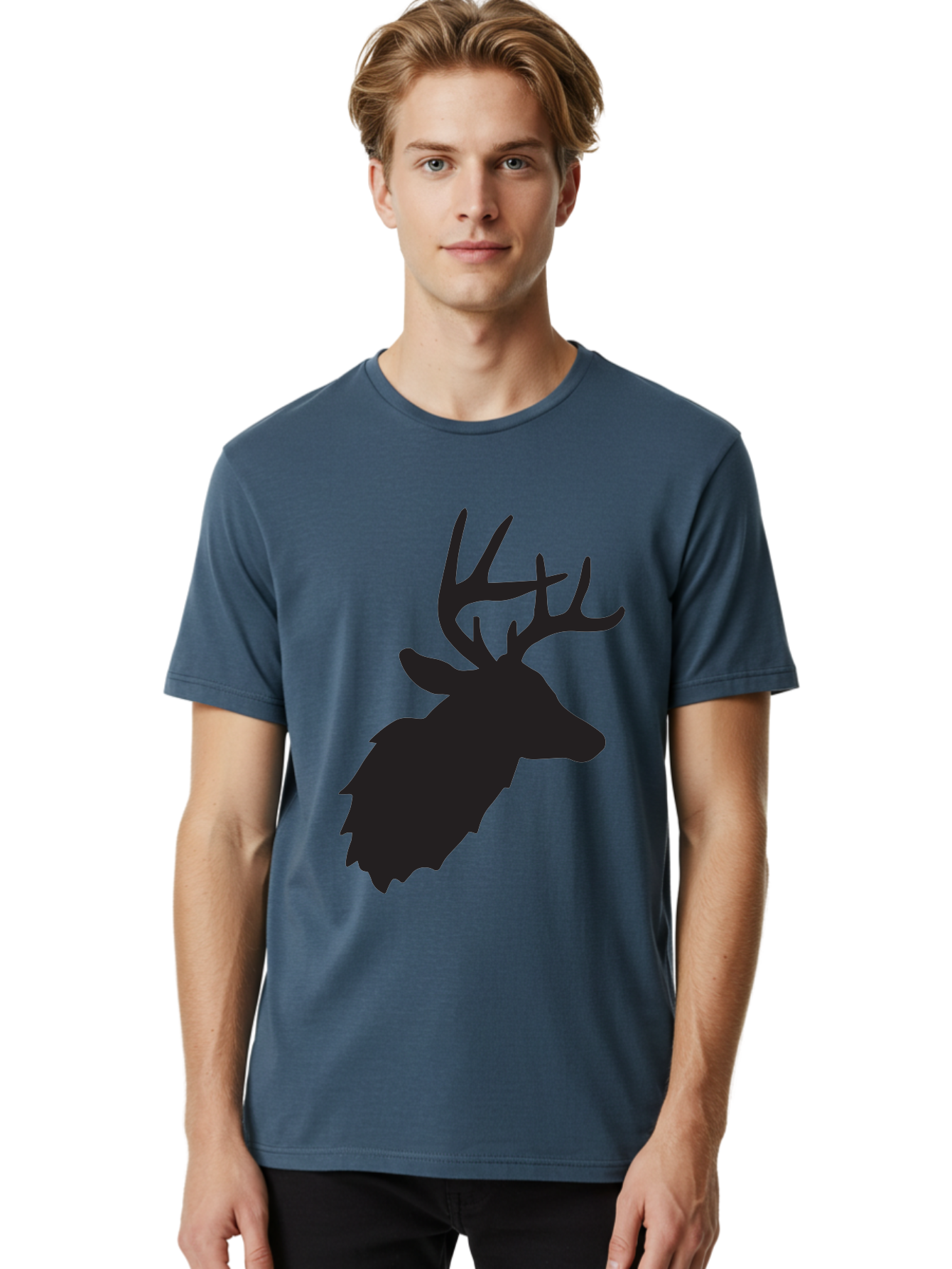 Deer-Head-Silhouette Men'S Graphic Tee, 100% Cotton, Comfortable Casual Summer Wear, Machine Washable, Elk Silhouette, Wildlife Art, Majestic Animal, Forest Creature, Hunting Symbol, Nature Icon, Graphic Design, Simple Illustration, Aac641