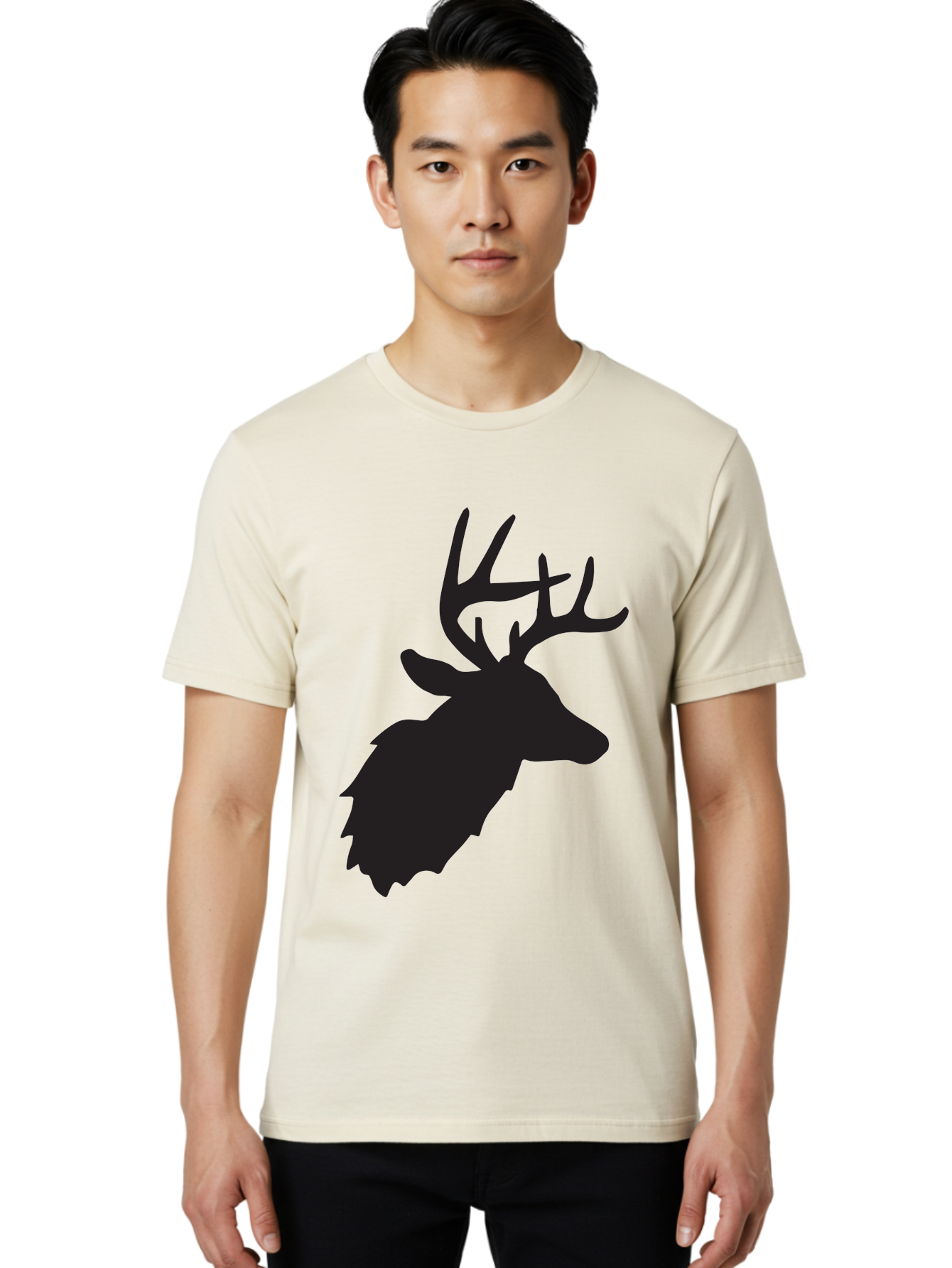 Deer-Head-Silhouette Men'S Graphic Tee, 100% Cotton, Comfortable Casual Summer Wear, Machine Washable, Elk Silhouette, Wildlife Art, Majestic Animal, Forest Creature, Hunting Symbol, Nature Icon, Graphic Design, Simple Illustration, Aac641