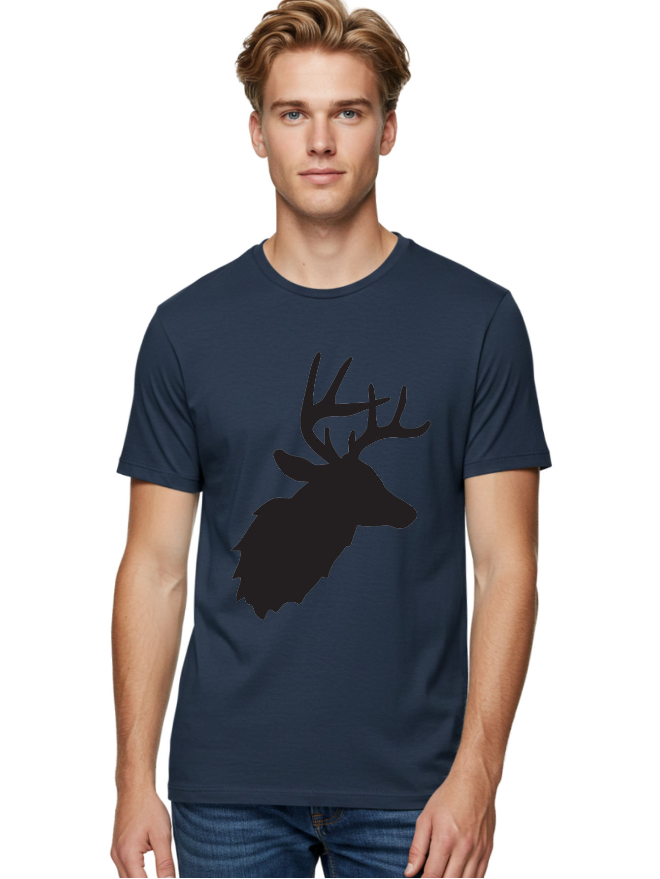Deer-Head-Silhouette Men'S Graphic Tee, 100% Cotton, Comfortable Casual Summer Wear, Machine Washable, Elk Silhouette, Wildlife Art, Majestic Animal, Forest Creature, Hunting Symbol, Nature Icon, Graphic Design, Simple Illustration, Aac641