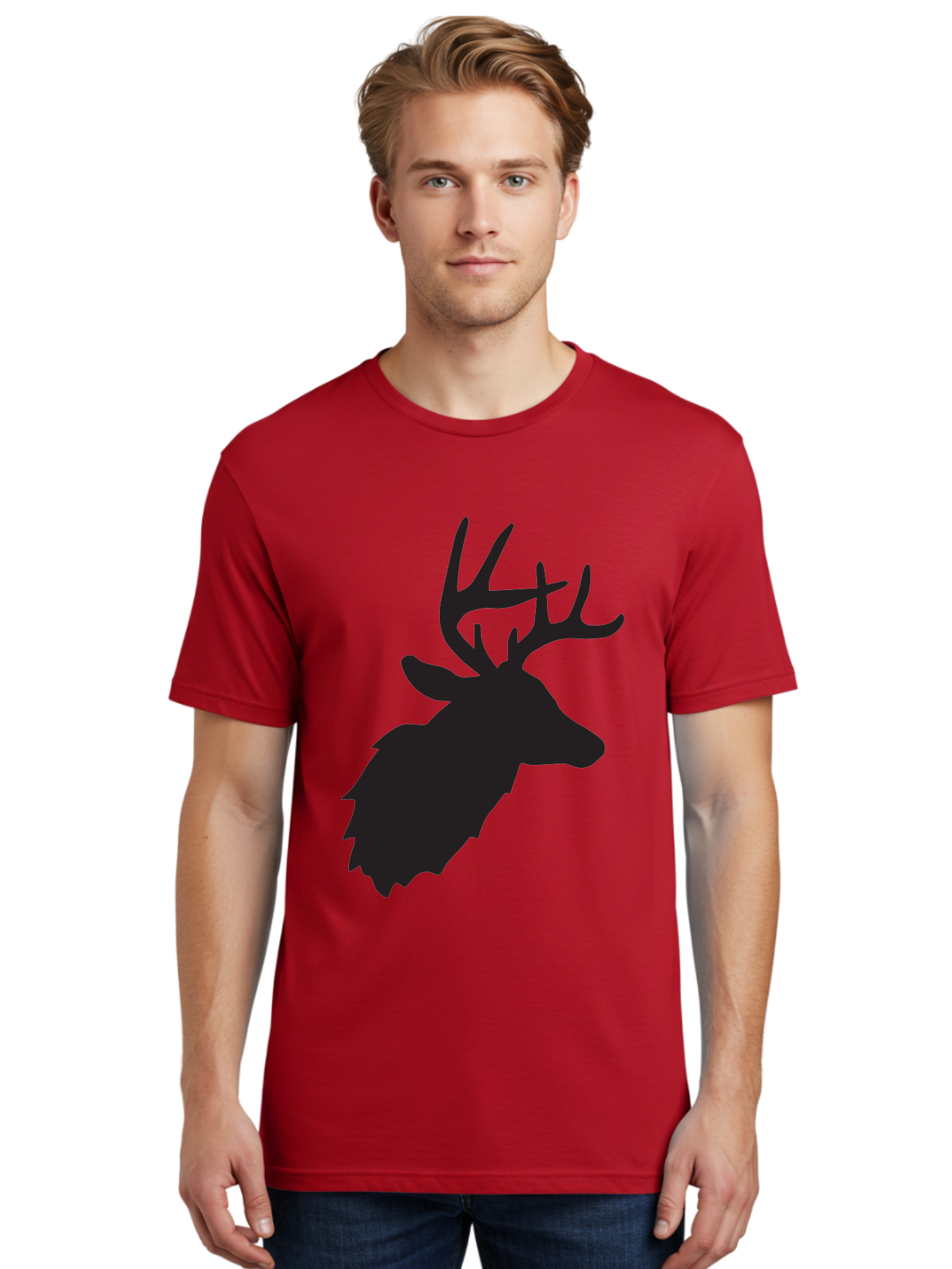 Deer-Head-Silhouette Men'S Graphic Tee, 100% Cotton, Comfortable Casual Summer Wear, Machine Washable, Elk Silhouette, Wildlife Art, Majestic Animal, Forest Creature, Hunting Symbol, Nature Icon, Graphic Design, Simple Illustration, Aac641