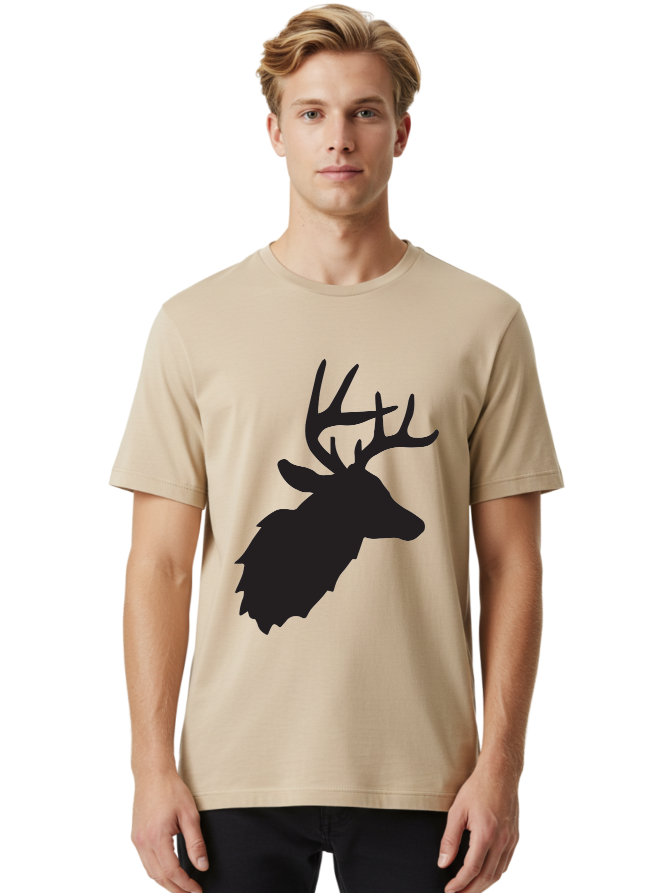 Deer-Head-Silhouette Men'S Graphic Tee, 100% Cotton, Comfortable Casual Summer Wear, Machine Washable, Elk Silhouette, Wildlife Art, Majestic Animal, Forest Creature, Hunting Symbol, Nature Icon, Graphic Design, Simple Illustration, Aac641