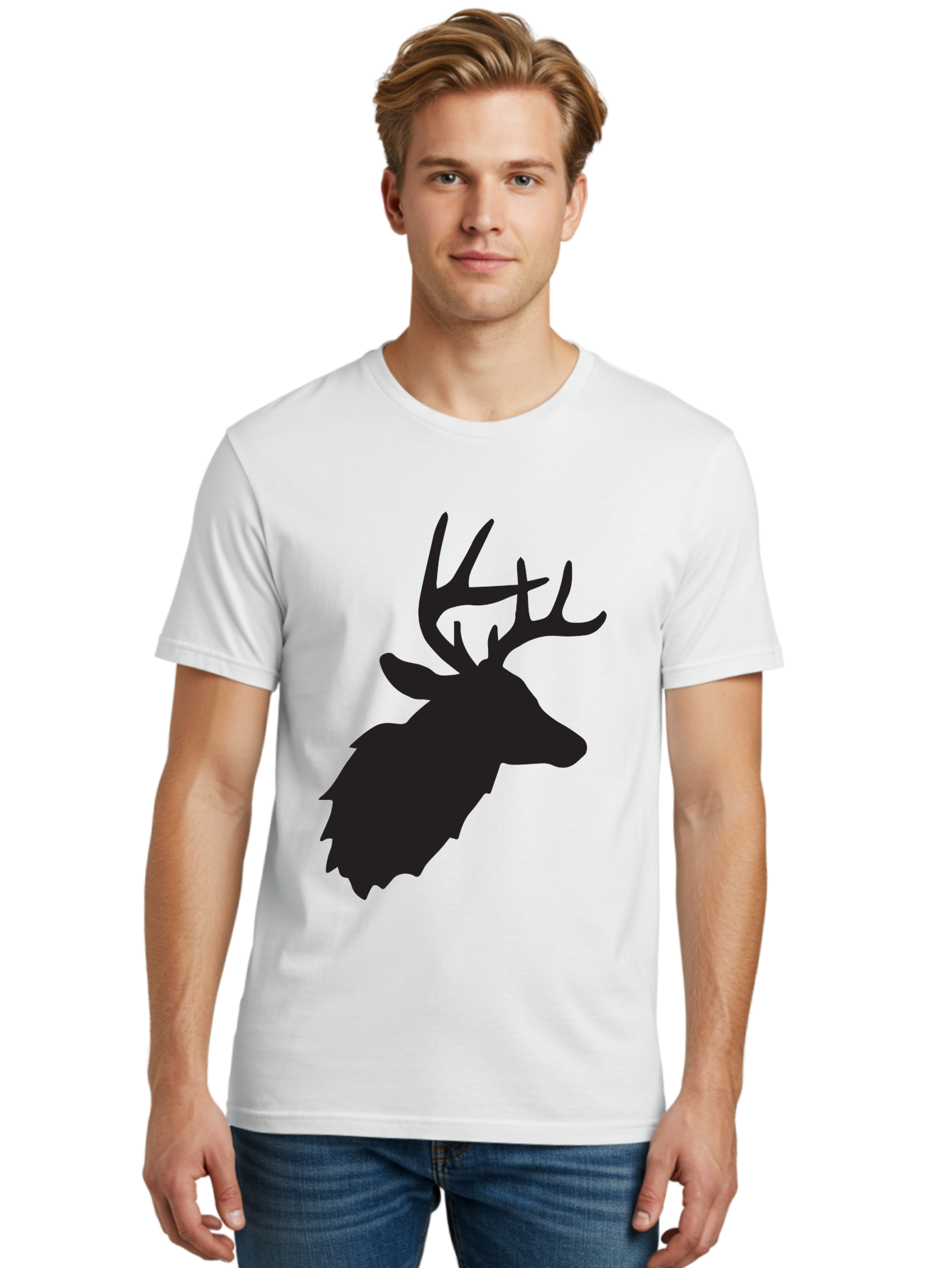 Deer-Head-Silhouette Men'S Graphic Tee, 100% Cotton, Comfortable Casual Summer Wear, Machine Washable, Elk Silhouette, Wildlife Art, Majestic Animal, Forest Creature, Hunting Symbol, Nature Icon, Graphic Design, Simple Illustration, Aac641