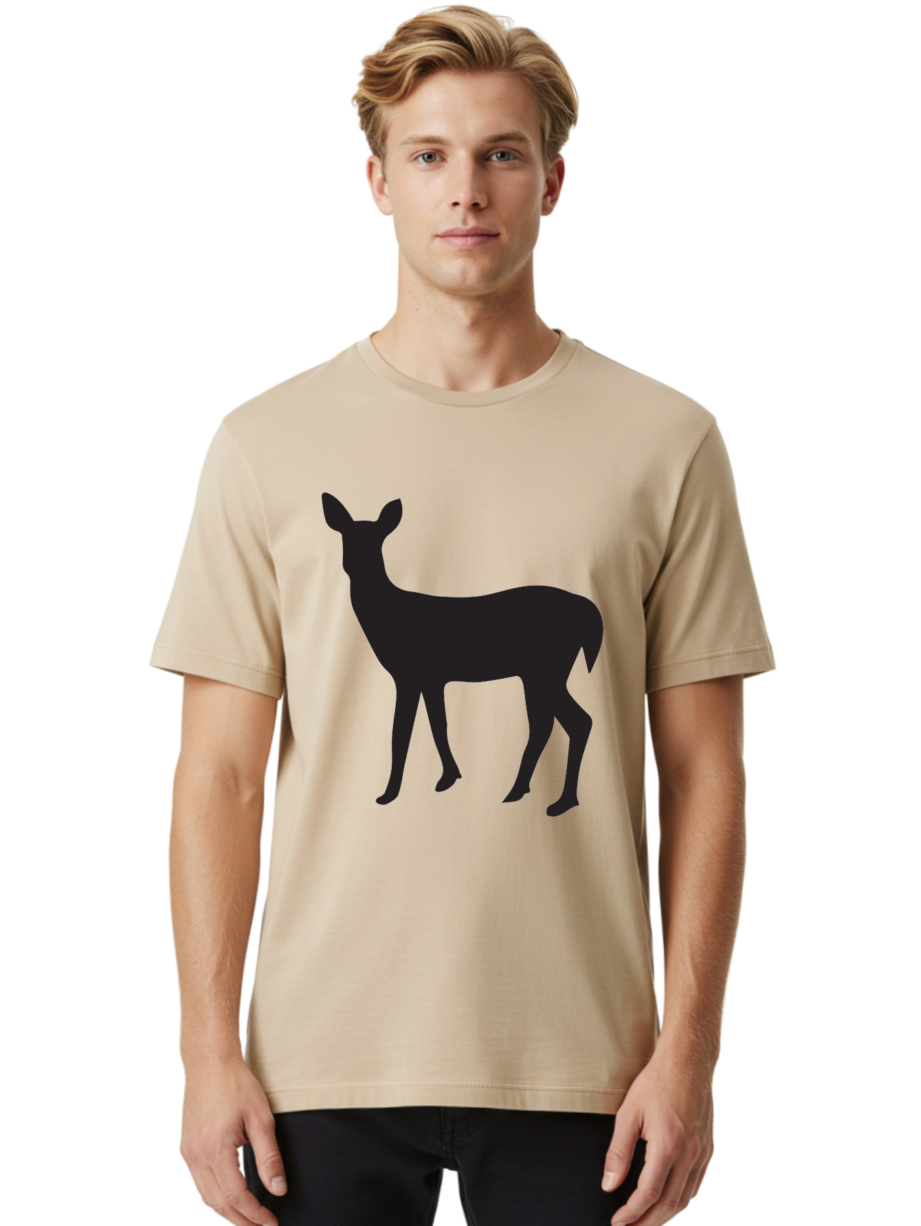 Deer-Silhouette-1 Men'S Graphic Tee, 100% Cotton, Comfortable Casual Summer Wear, Machine Washable, Deer Silhouette, Wildlife Graphic, Animal Shape, Simple Design, Minimalist Art, Forest Creature, Nature Icon Aac642