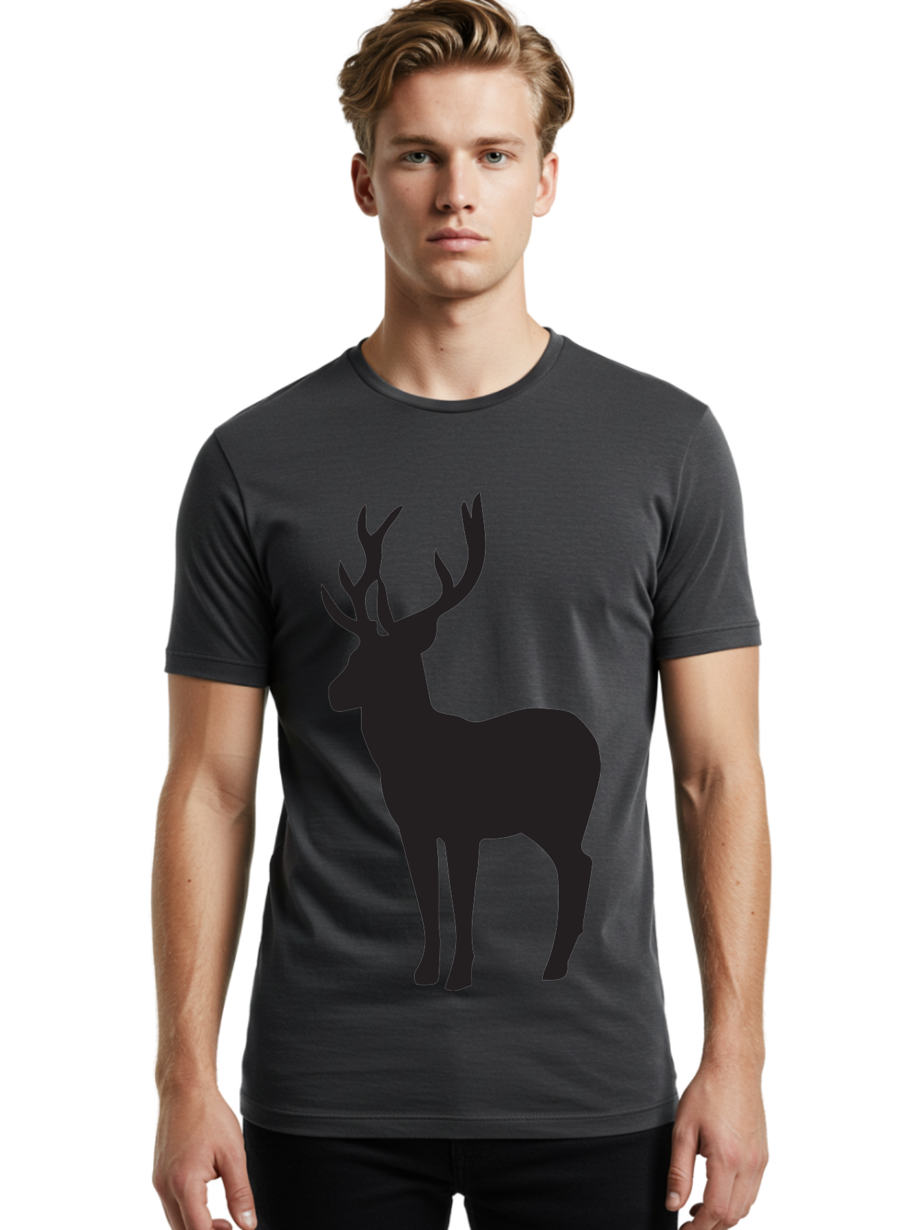 Deer-Silhouette-2 Men'S Graphic Tee, 100% Cotton, Comfortable Casual Summer Wear, Machine Washable, Deer Silhouette, Stag Illustration, Antlered Animal, Wildlife Graphic, Majestic Deer, Forest Creature, Simple Design, Minimalist Art, Aac643