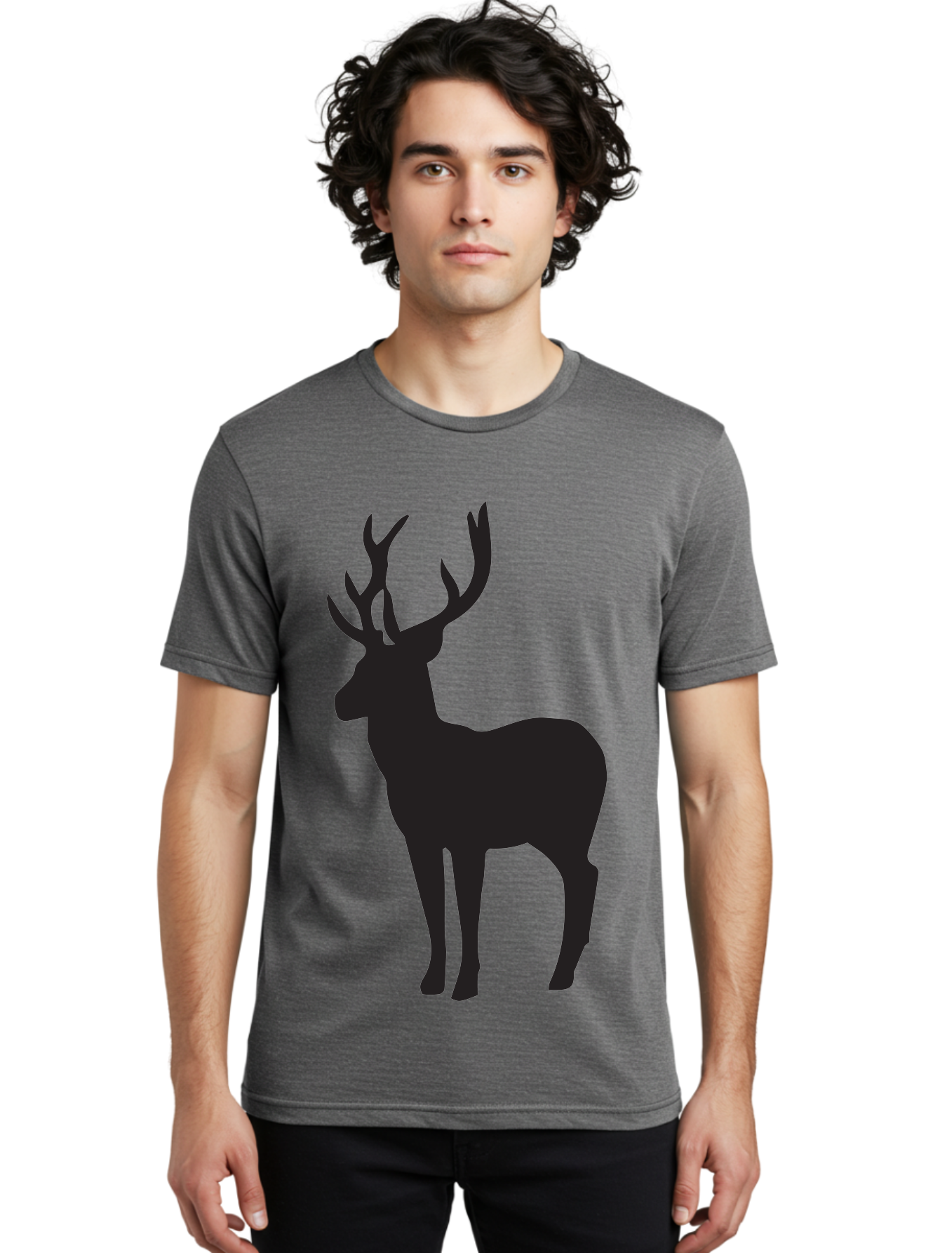 Deer-Silhouette-2 Men'S Graphic Tee, 100% Cotton, Comfortable Casual Summer Wear, Machine Washable, Deer Silhouette, Stag Illustration, Antlered Animal, Wildlife Graphic, Majestic Deer, Forest Creature, Simple Design, Minimalist Art, Aac643