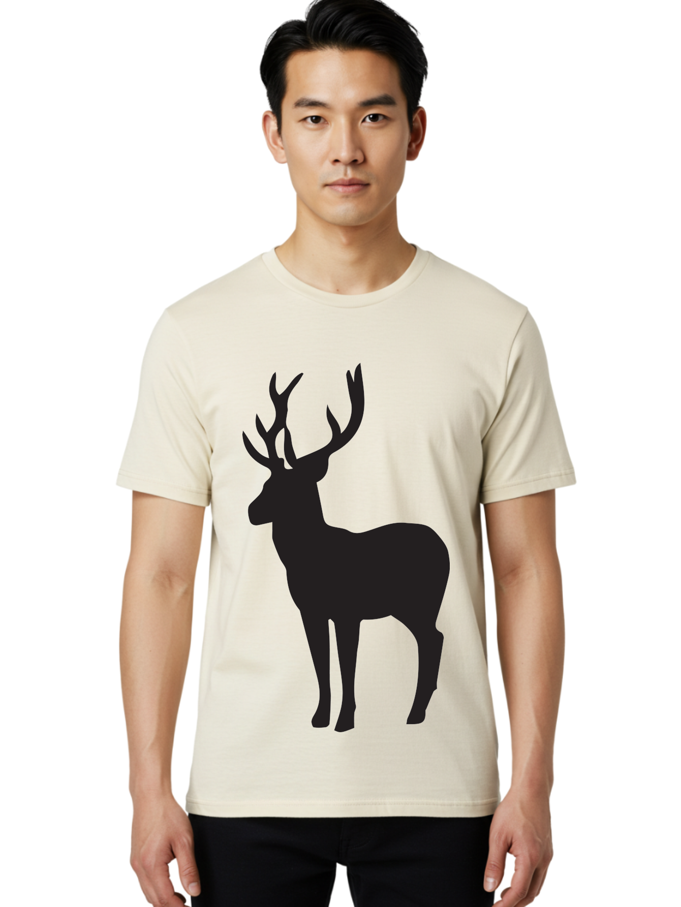 Deer-Silhouette-2 Men'S Graphic Tee, 100% Cotton, Comfortable Casual Summer Wear, Machine Washable, Deer Silhouette, Stag Illustration, Antlered Animal, Wildlife Graphic, Majestic Deer, Forest Creature, Simple Design, Minimalist Art, Aac643