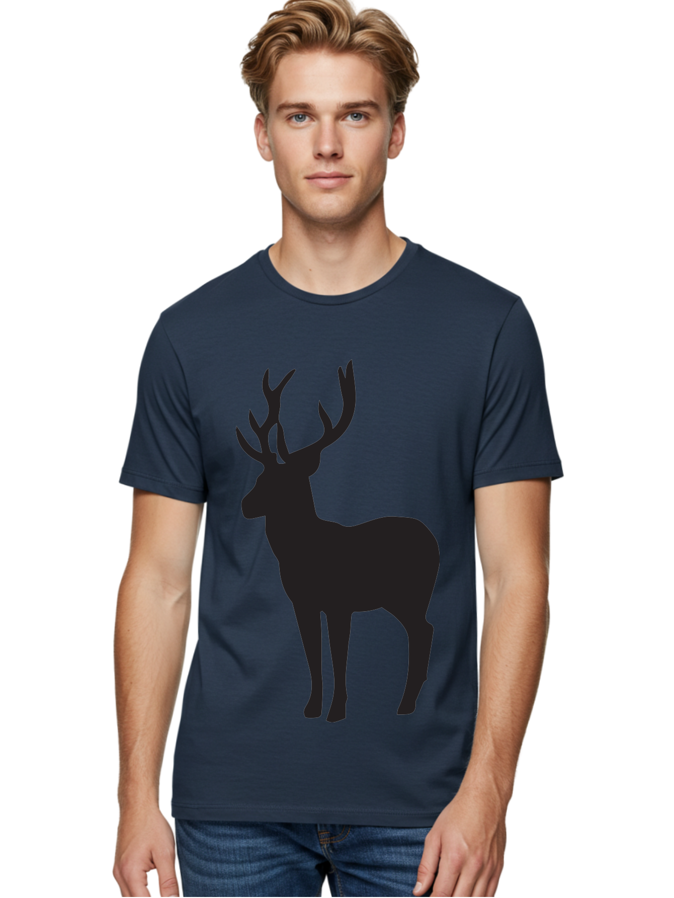 Deer-Silhouette-2 Men'S Graphic Tee, 100% Cotton, Comfortable Casual Summer Wear, Machine Washable, Deer Silhouette, Stag Illustration, Antlered Animal, Wildlife Graphic, Majestic Deer, Forest Creature, Simple Design, Minimalist Art, Aac643