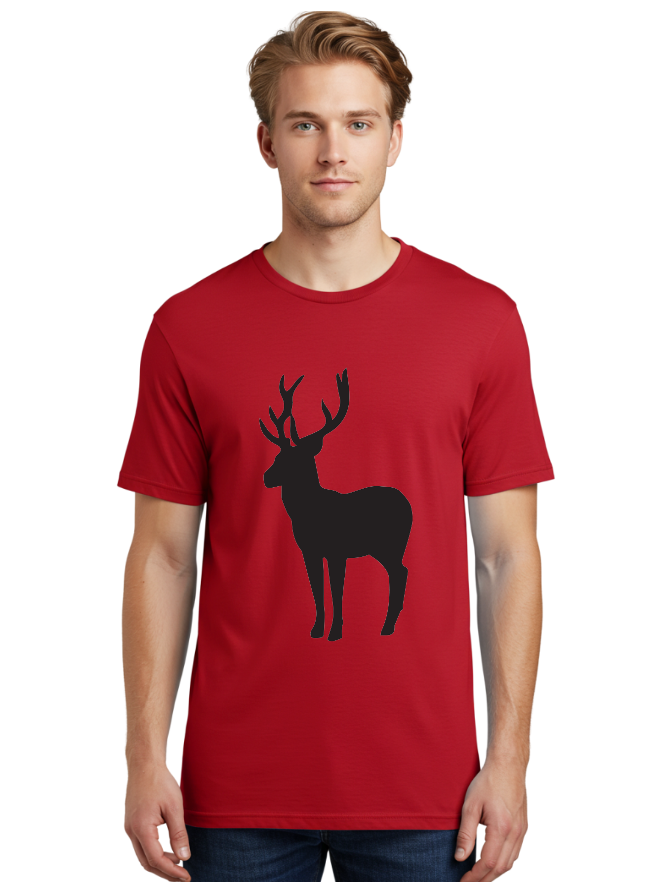 Deer-Silhouette-2 Men'S Graphic Tee, 100% Cotton, Comfortable Casual Summer Wear, Machine Washable, Deer Silhouette, Stag Illustration, Antlered Animal, Wildlife Graphic, Majestic Deer, Forest Creature, Simple Design, Minimalist Art, Aac643