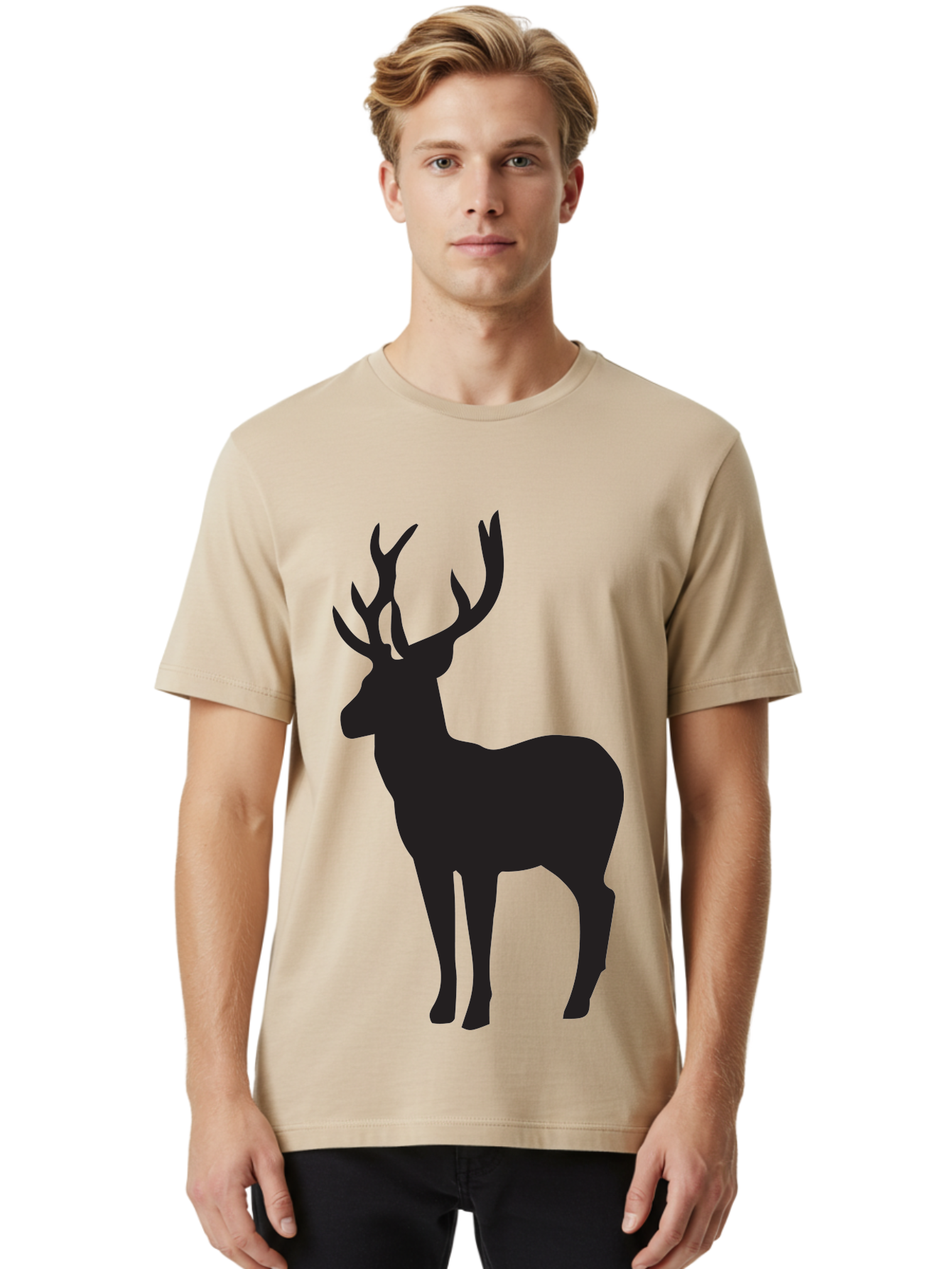Deer-Silhouette-2 Men'S Graphic Tee, 100% Cotton, Comfortable Casual Summer Wear, Machine Washable, Deer Silhouette, Stag Illustration, Antlered Animal, Wildlife Graphic, Majestic Deer, Forest Creature, Simple Design, Minimalist Art, Aac643