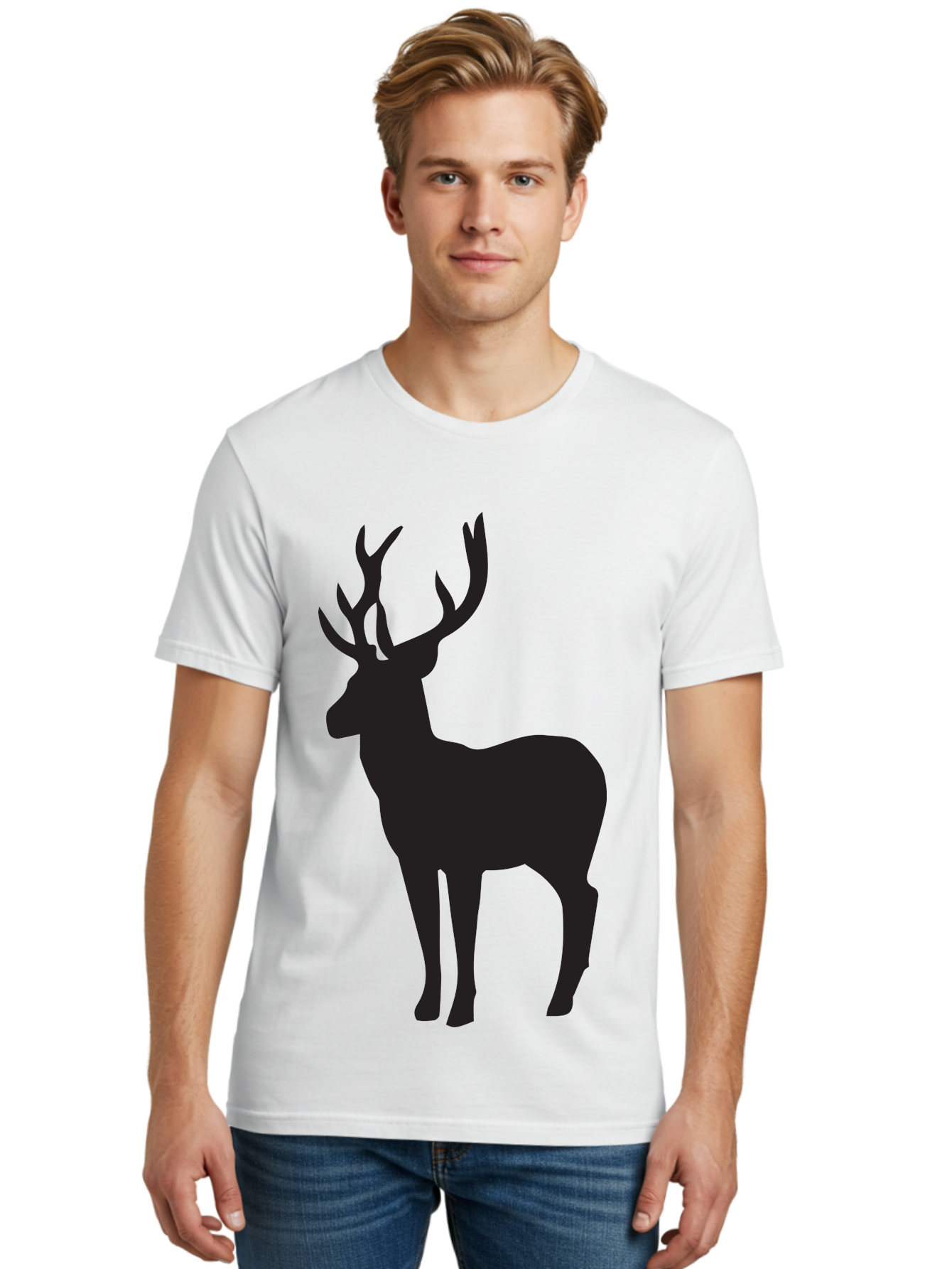Deer-Silhouette-2 Men'S Graphic Tee, 100% Cotton, Comfortable Casual Summer Wear, Machine Washable, Deer Silhouette, Stag Illustration, Antlered Animal, Wildlife Graphic, Majestic Deer, Forest Creature, Simple Design, Minimalist Art, Aac643