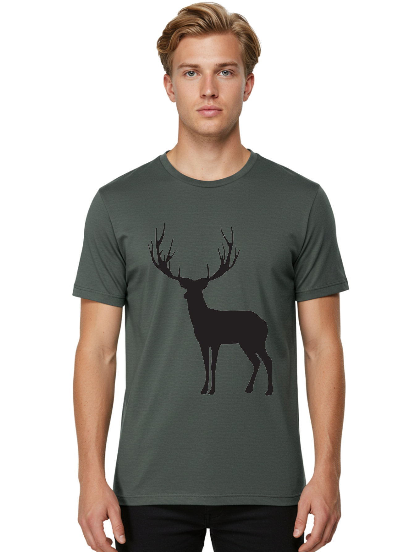 Deer-Silhouette-3 Men'S Graphic Tee, 100% Cotton, Comfortable Casual Summer Wear, Machine Washable, Deer Silhouette, Majestic Stag, Wildlife Illustration, Black Silhouette, Antlers, Wild Animal, Forest Creature, Nature Graphic Aac644
