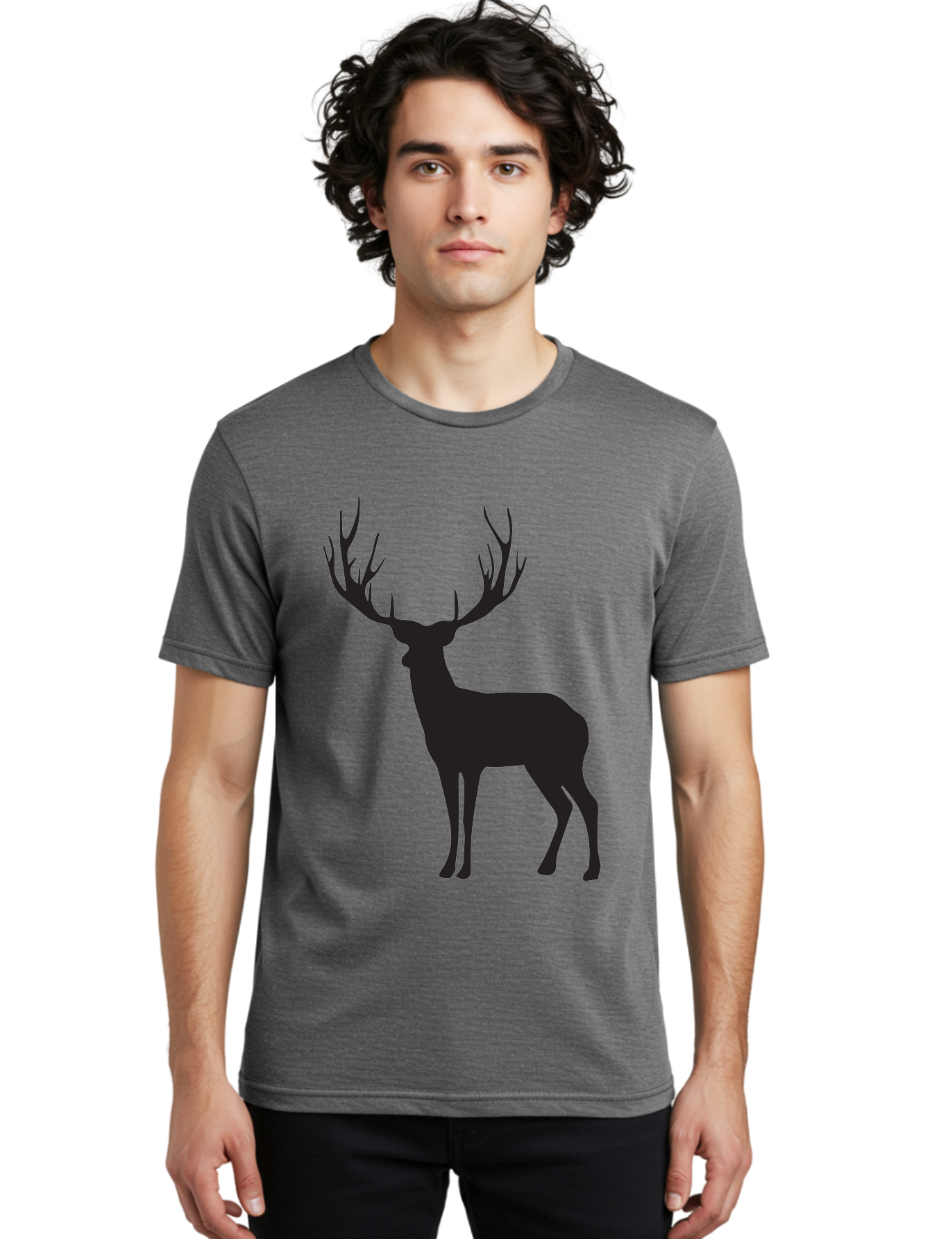 Deer-Silhouette-3 Men'S Graphic Tee, 100% Cotton, Comfortable Casual Summer Wear, Machine Washable, Deer Silhouette, Majestic Stag, Wildlife Illustration, Black Silhouette, Antlers, Wild Animal, Forest Creature, Nature Graphic Aac644