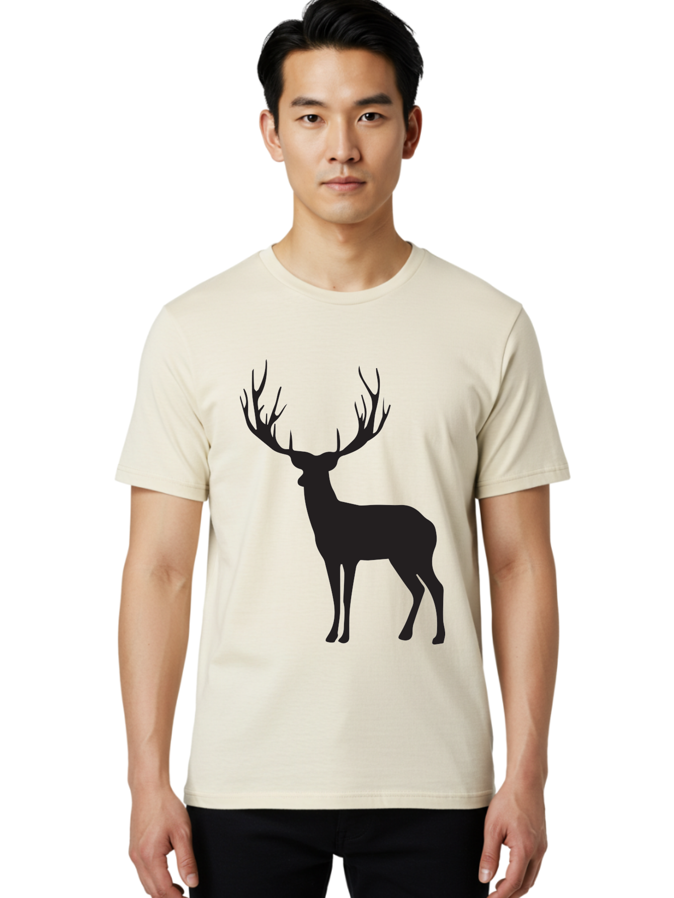 Deer-Silhouette-3 Men'S Graphic Tee, 100% Cotton, Comfortable Casual Summer Wear, Machine Washable, Deer Silhouette, Majestic Stag, Wildlife Illustration, Black Silhouette, Antlers, Wild Animal, Forest Creature, Nature Graphic Aac644