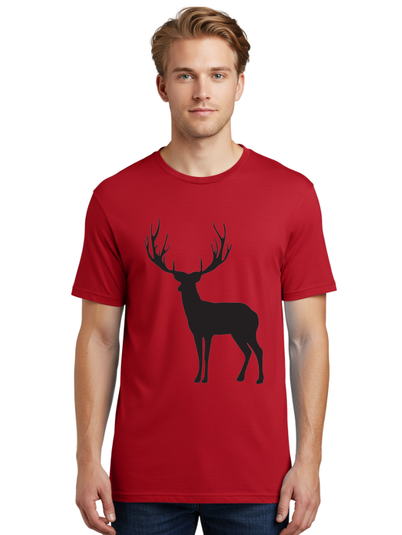 Deer-Silhouette-3 Men'S Graphic Tee, 100% Cotton, Comfortable Casual Summer Wear, Machine Washable, Deer Silhouette, Majestic Stag, Wildlife Illustration, Black Silhouette, Antlers, Wild Animal, Forest Creature, Nature Graphic Aac644
