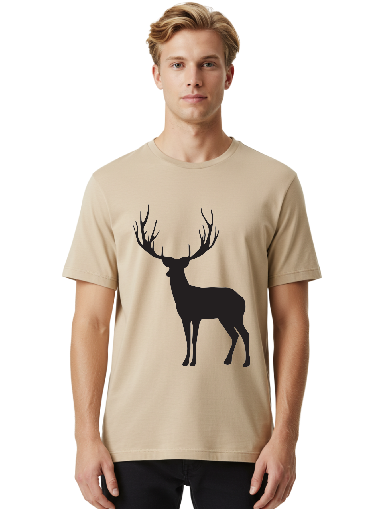 Deer-Silhouette-3 Men'S Graphic Tee, 100% Cotton, Comfortable Casual Summer Wear, Machine Washable, Deer Silhouette, Majestic Stag, Wildlife Illustration, Black Silhouette, Antlers, Wild Animal, Forest Creature, Nature Graphic Aac644