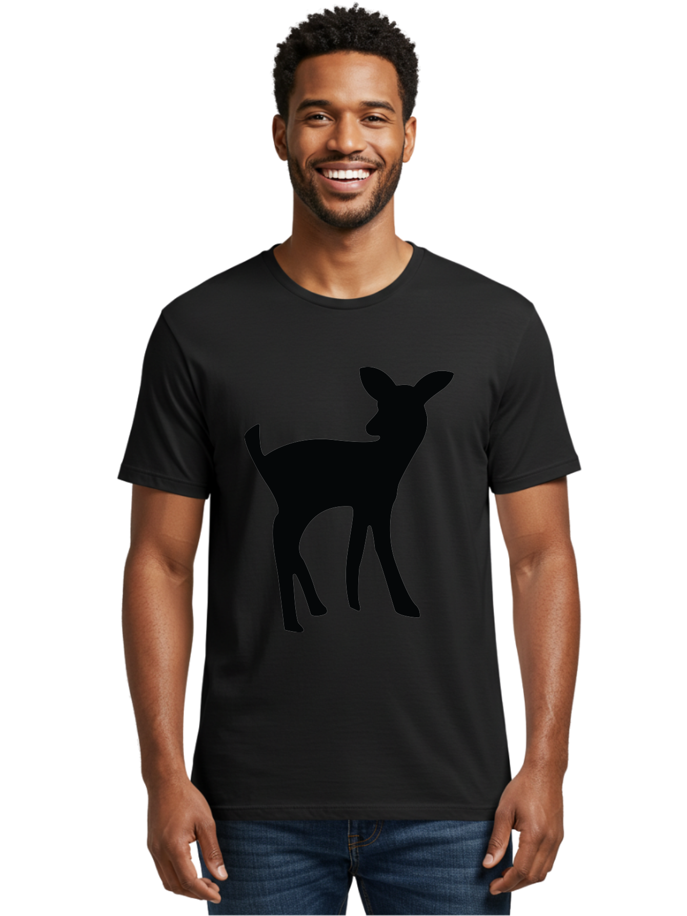Deer-Silhouette Men'S Graphic Tee, 100% Cotton, Comfortable Casual Summer Wear, Machine Washable, Deer Silhouette, Wildlife Art, Minimalist Design, Black Silhouette, Simple Shapes, Animal Graphics, Nature-Inspired, Forest Creatures Aac645
