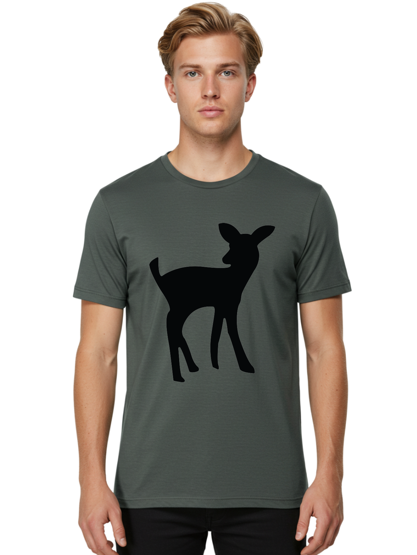 Deer-Silhouette Men'S Graphic Tee, 100% Cotton, Comfortable Casual Summer Wear, Machine Washable, Deer Silhouette, Wildlife Art, Minimalist Design, Black Silhouette, Simple Shapes, Animal Graphics, Nature-Inspired, Forest Creatures Aac645