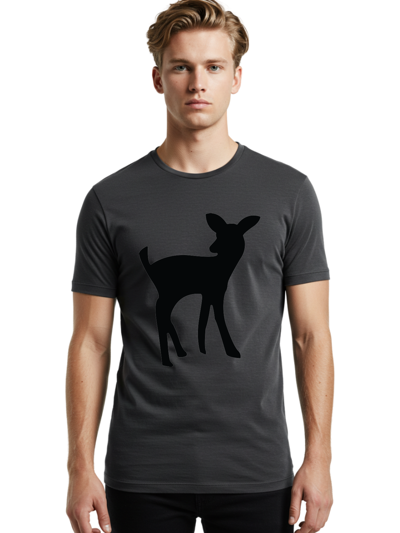 Deer-Silhouette Men'S Graphic Tee, 100% Cotton, Comfortable Casual Summer Wear, Machine Washable, Deer Silhouette, Wildlife Art, Minimalist Design, Black Silhouette, Simple Shapes, Animal Graphics, Nature-Inspired, Forest Creatures Aac645
