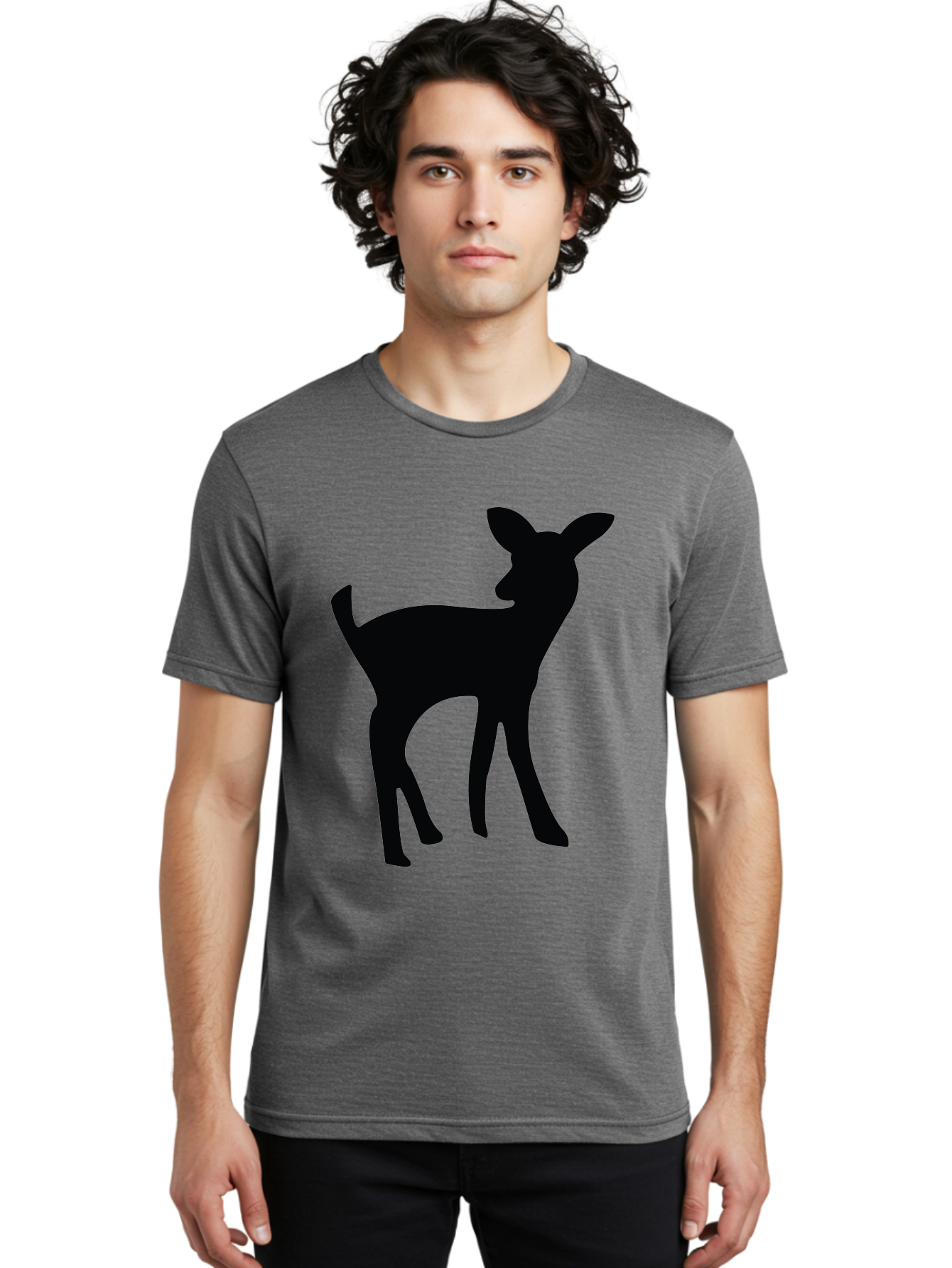 Deer-Silhouette Men'S Graphic Tee, 100% Cotton, Comfortable Casual Summer Wear, Machine Washable, Deer Silhouette, Wildlife Art, Minimalist Design, Black Silhouette, Simple Shapes, Animal Graphics, Nature-Inspired, Forest Creatures Aac645