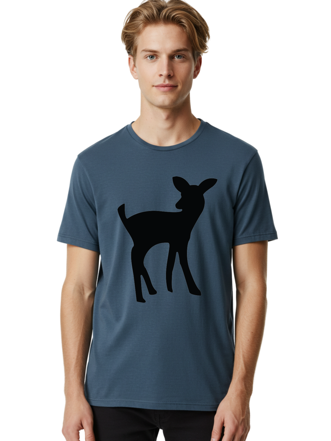 Deer-Silhouette Men'S Graphic Tee, 100% Cotton, Comfortable Casual Summer Wear, Machine Washable, Deer Silhouette, Wildlife Art, Minimalist Design, Black Silhouette, Simple Shapes, Animal Graphics, Nature-Inspired, Forest Creatures Aac645
