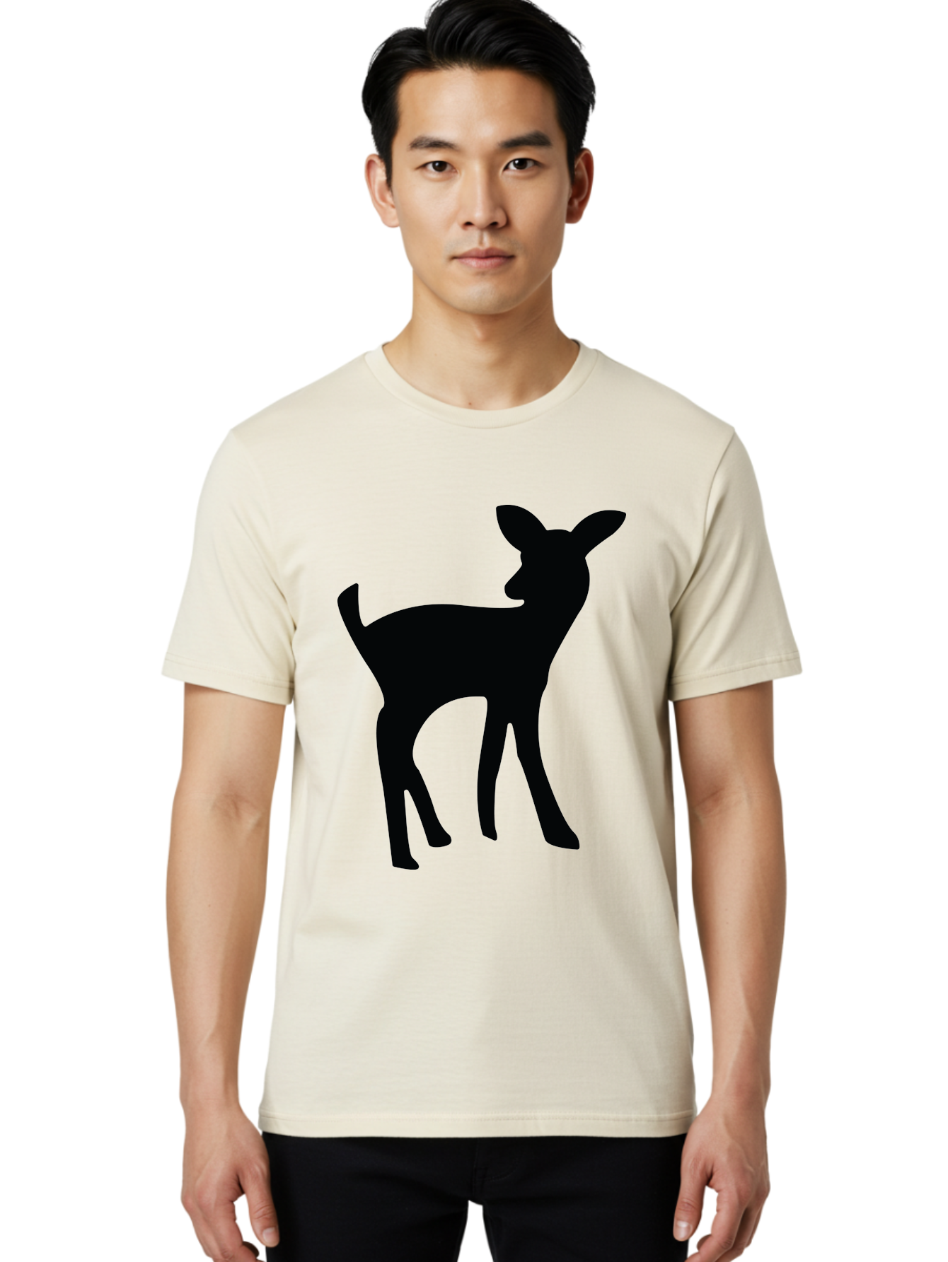 Deer-Silhouette Men'S Graphic Tee, 100% Cotton, Comfortable Casual Summer Wear, Machine Washable, Deer Silhouette, Wildlife Art, Minimalist Design, Black Silhouette, Simple Shapes, Animal Graphics, Nature-Inspired, Forest Creatures Aac645