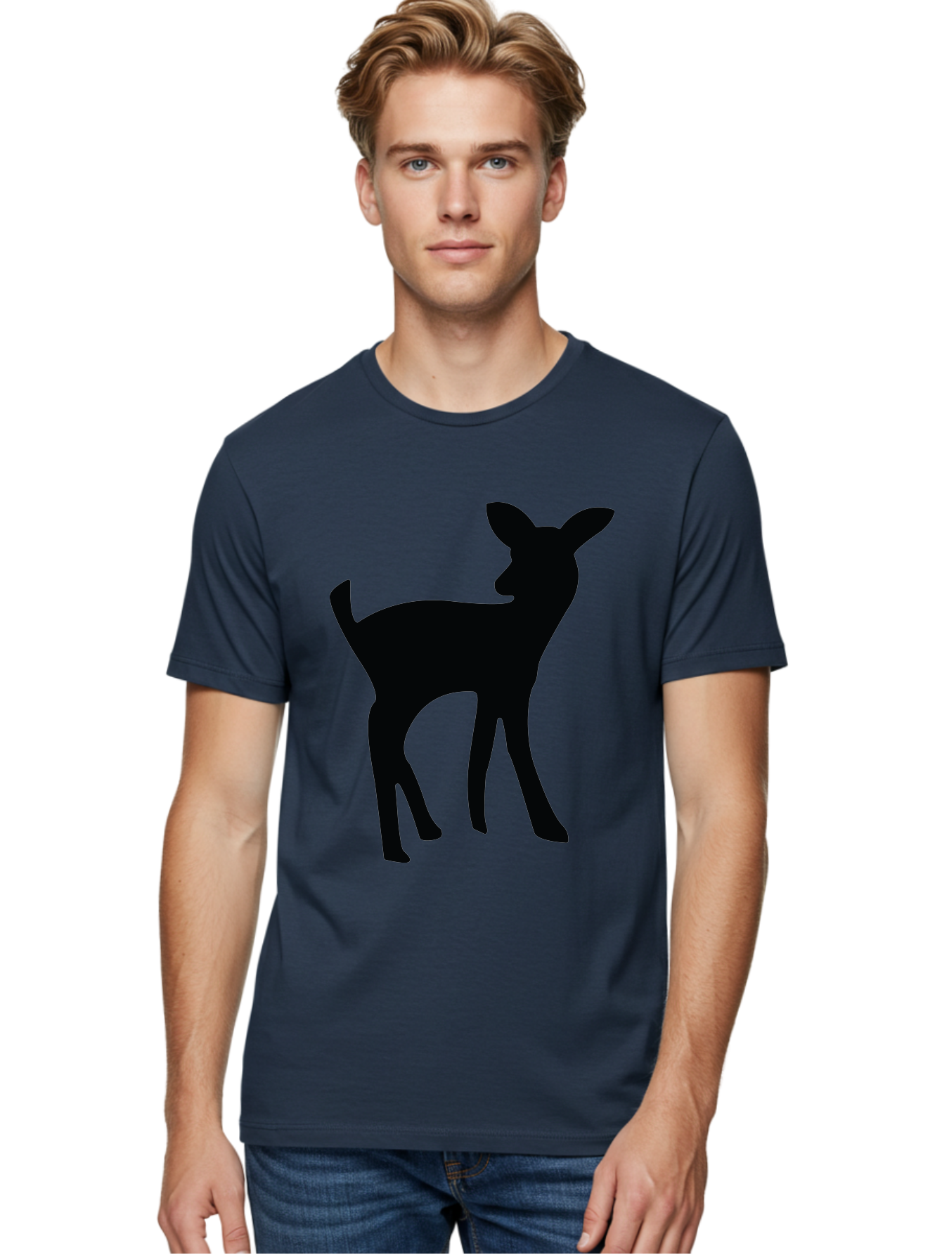 Deer-Silhouette Men'S Graphic Tee, 100% Cotton, Comfortable Casual Summer Wear, Machine Washable, Deer Silhouette, Wildlife Art, Minimalist Design, Black Silhouette, Simple Shapes, Animal Graphics, Nature-Inspired, Forest Creatures Aac645