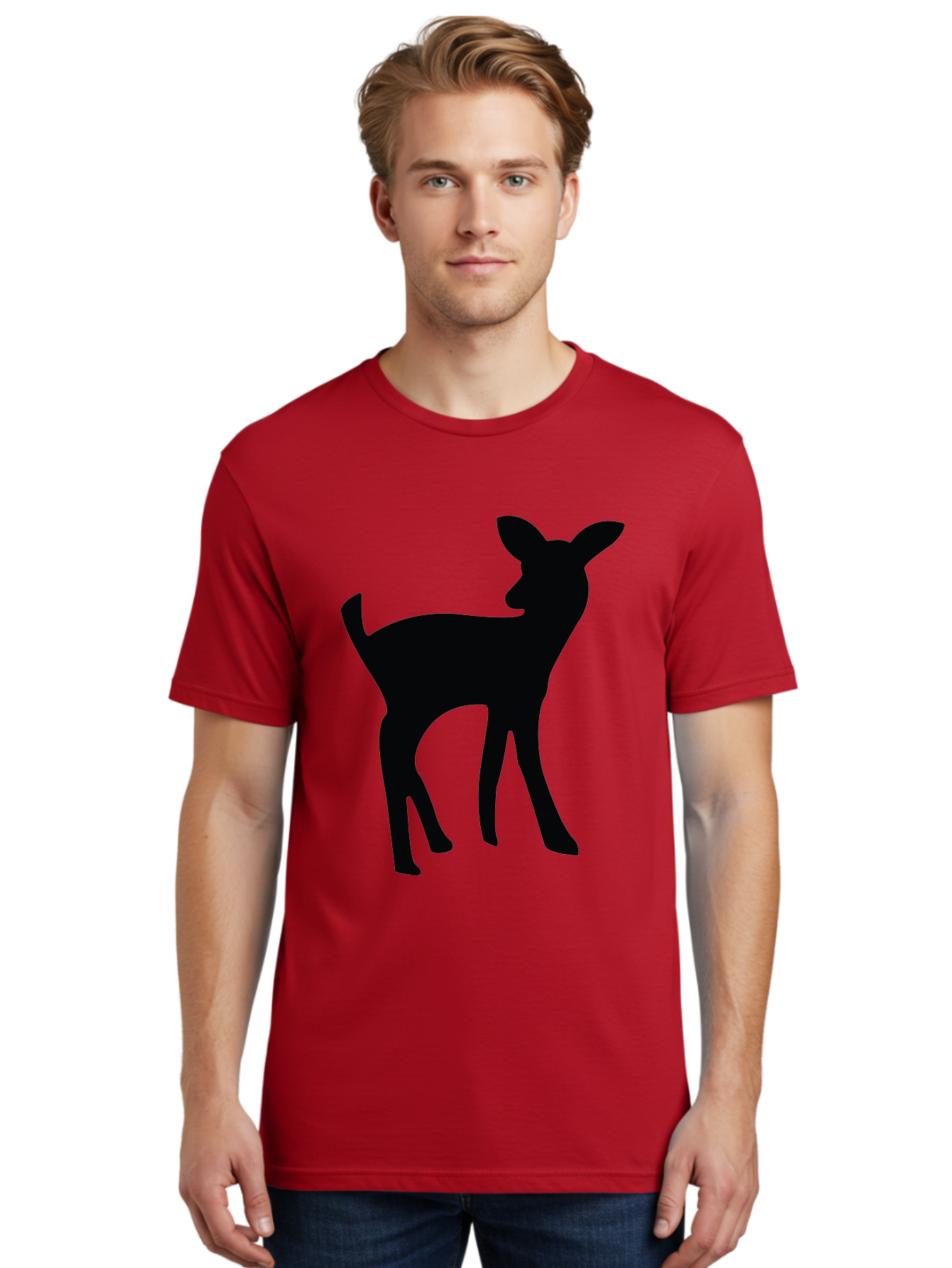 Deer-Silhouette Men'S Graphic Tee, 100% Cotton, Comfortable Casual Summer Wear, Machine Washable, Deer Silhouette, Wildlife Art, Minimalist Design, Black Silhouette, Simple Shapes, Animal Graphics, Nature-Inspired, Forest Creatures Aac645