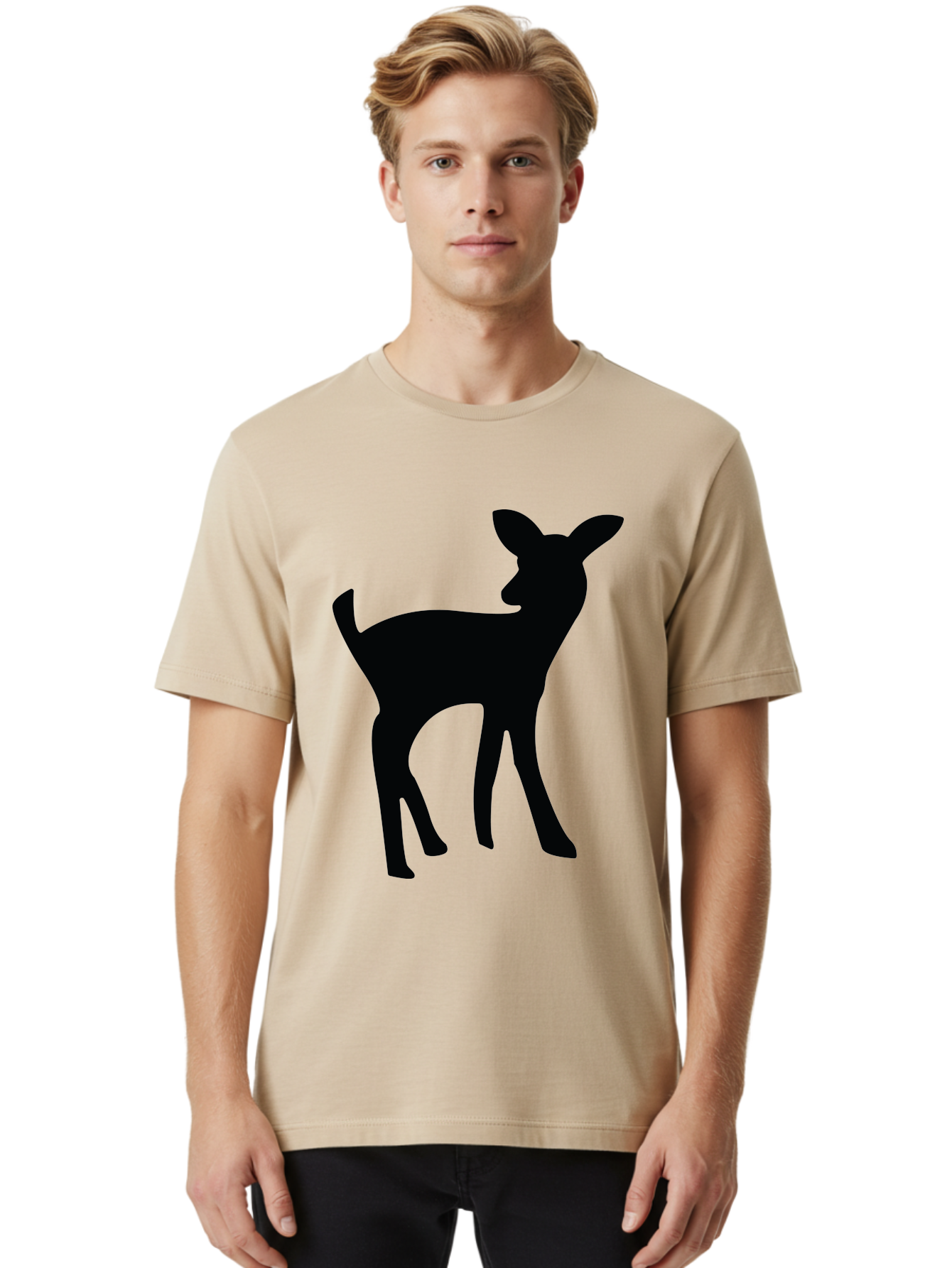 Deer-Silhouette Men'S Graphic Tee, 100% Cotton, Comfortable Casual Summer Wear, Machine Washable, Deer Silhouette, Wildlife Art, Minimalist Design, Black Silhouette, Simple Shapes, Animal Graphics, Nature-Inspired, Forest Creatures Aac645