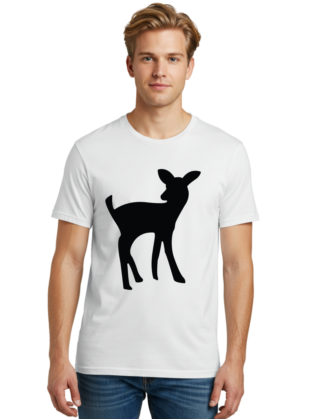 Deer-Silhouette Men'S Graphic Tee, 100% Cotton, Comfortable Casual Summer Wear, Machine Washable, Deer Silhouette, Wildlife Art, Minimalist Design, Black Silhouette, Simple Shapes, Animal Graphics, Nature-Inspired, Forest Creatures Aac645