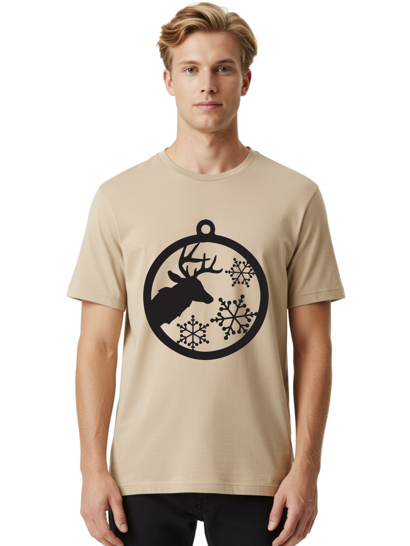 Deer-Snowflakes-Ornament Men'S Graphic Tee, 100% Cotton, Comfortable Casual Summer Wear, Machine Washable, Deer Silhouette, Snowflakes, Christmas Ornament, Winter Decoration, Festive Design, Holiday Decor, Wildlife Theme, Aac646