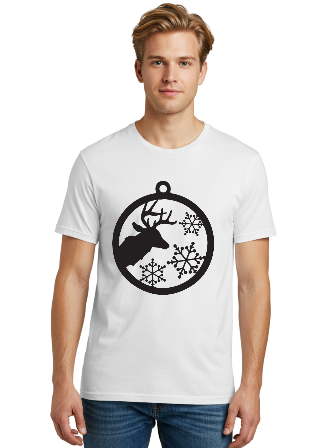 Deer-Snowflakes-Ornament Men'S Graphic Tee, 100% Cotton, Comfortable Casual Summer Wear, Machine Washable, Deer Silhouette, Snowflakes, Christmas Ornament, Winter Decoration, Festive Design, Holiday Decor, Wildlife Theme, Aac646