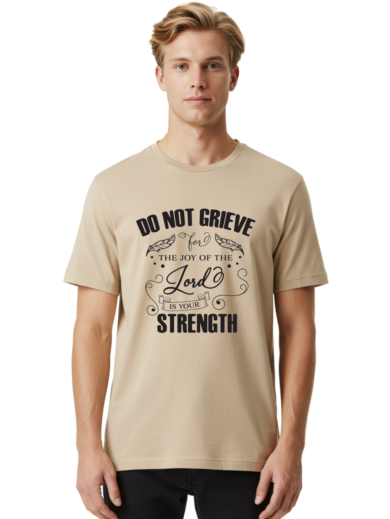 Do-Not-Grieve Men'S Graphic Tee, 100% Cotton, Comfortable Casual Summer Wear, Machine Washable, Inspirational Quote, Motivational Words, Faith-Based Message, Spiritual Guidance, Positive Affirmation, Scripture-Based, Bible Verse, Lord'S Joy, Aac649