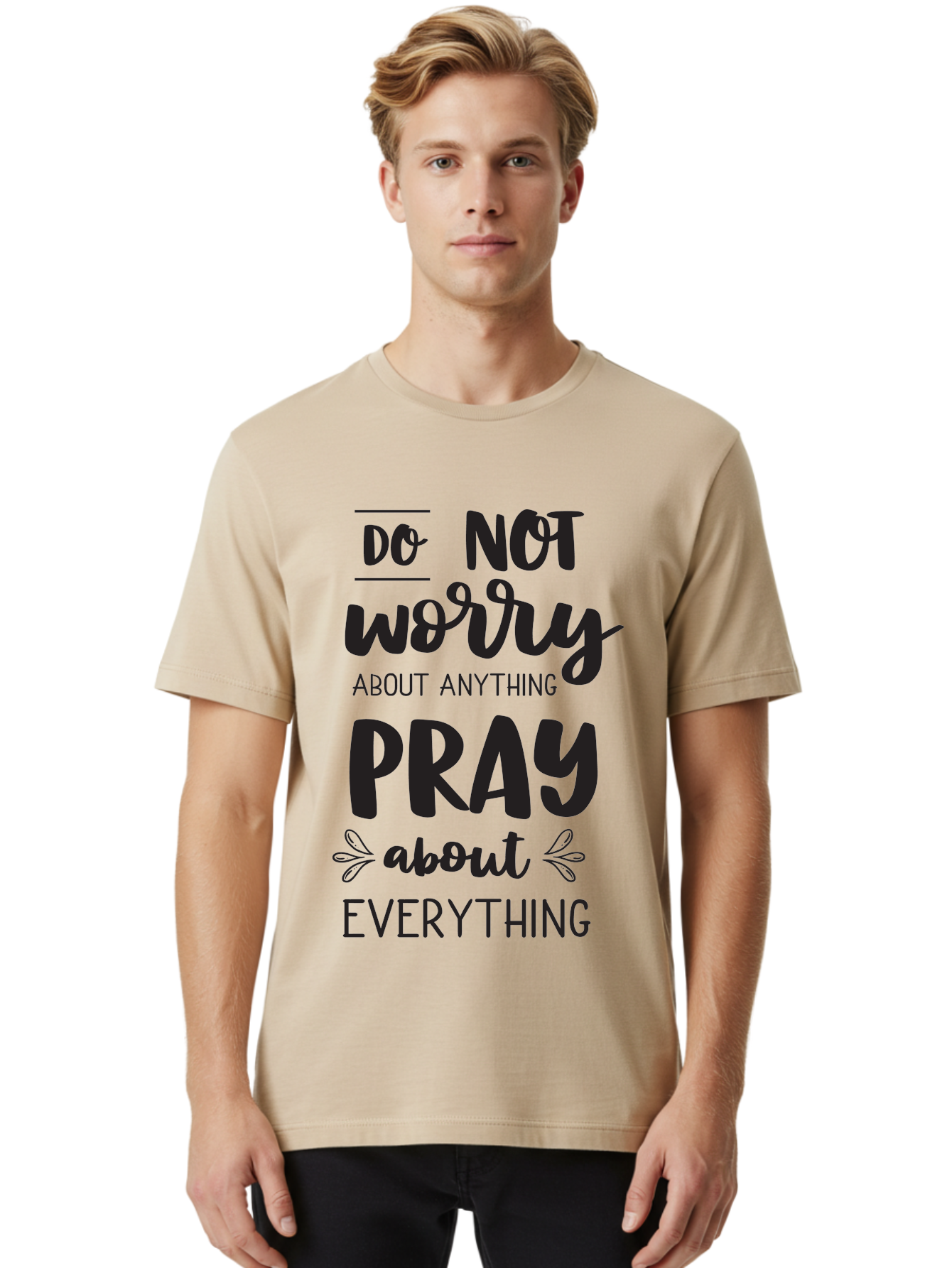 Do-Not-Worry-About-Anything-Pray-About-Everything Men'S Graphic Tee, 100% Cotton, Comfortable Casual Summer Wear, Machine Washable, Inspirational Quote, Motivational Phrase, Do Not Worry, Pray About Everything, Faith-Based Message, Aac650