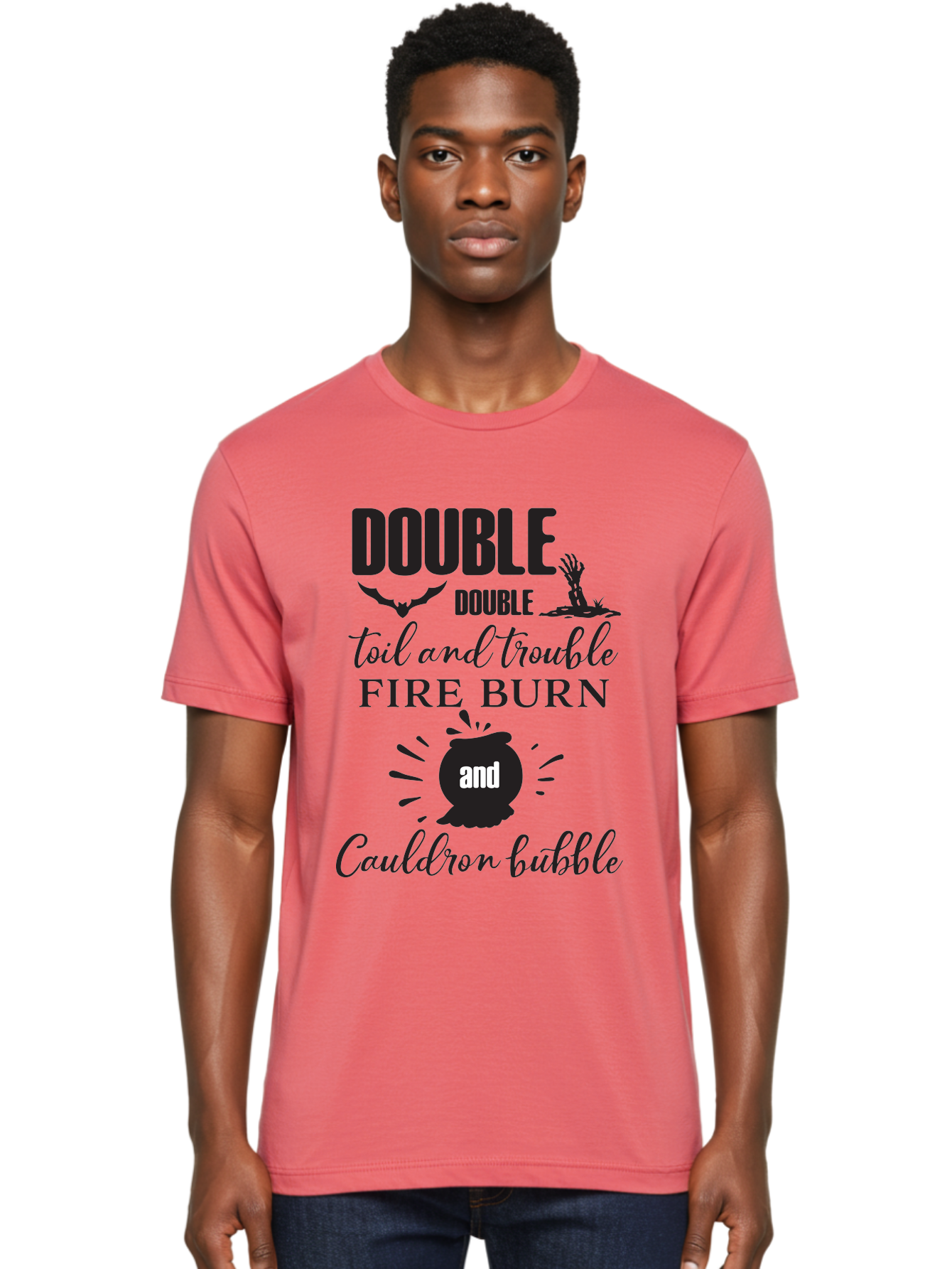 Double-Double-Toil-And-Trouble Men'S Graphic Tee, 100% Cotton, Comfortable Casual Summer Wear, Machine Washable, Halloween Quote, Witchy Vibes, Spooky Season, Macbeth Reference, Double Double Toil And Trouble, Halloween Graphics, Aac660