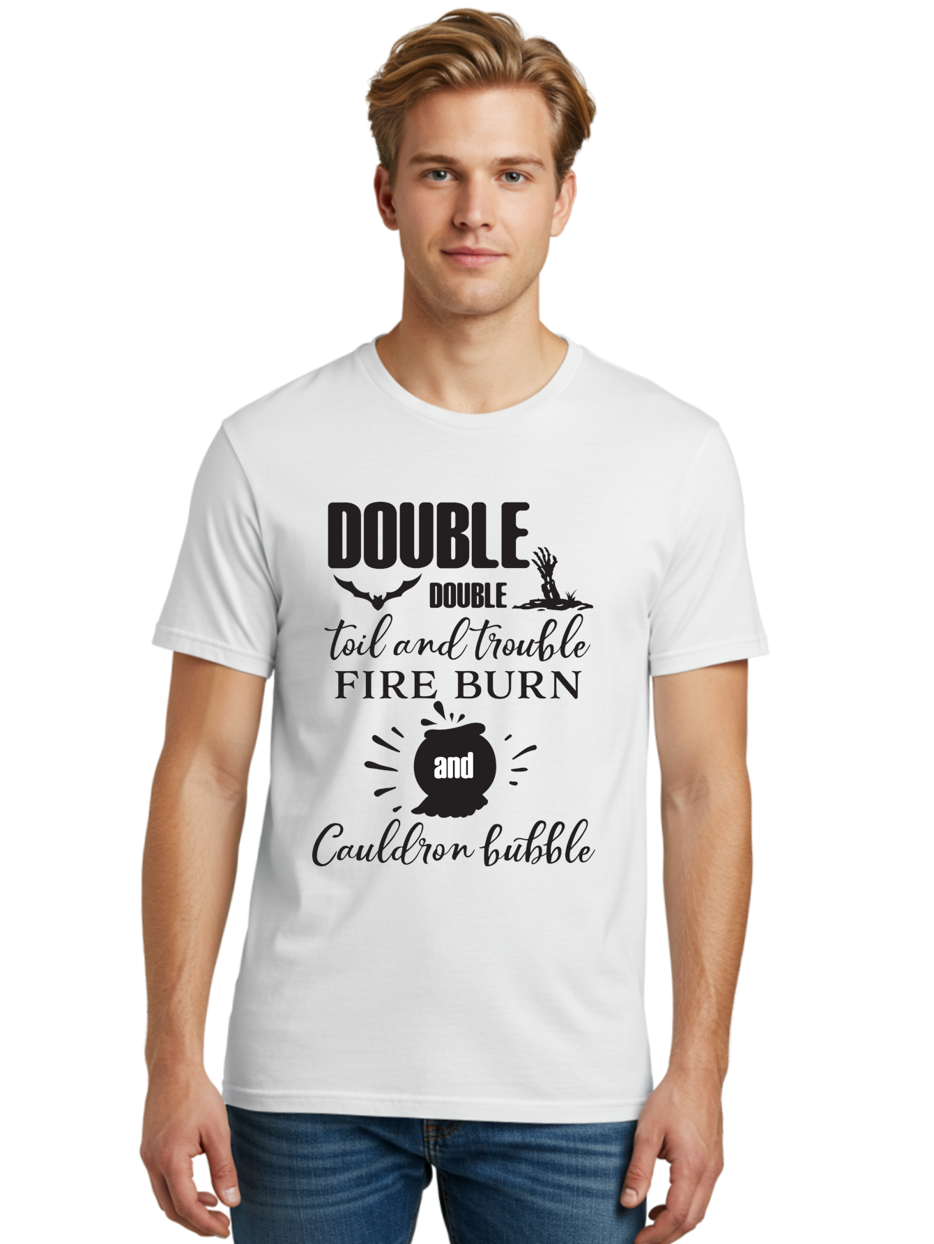 Double-Double-Toil-And-Trouble Men'S Graphic Tee, 100% Cotton, Comfortable Casual Summer Wear, Machine Washable, Halloween Quote, Witchy Vibes, Spooky Season, Macbeth Reference, Double Double Toil And Trouble, Halloween Graphics, Aac660