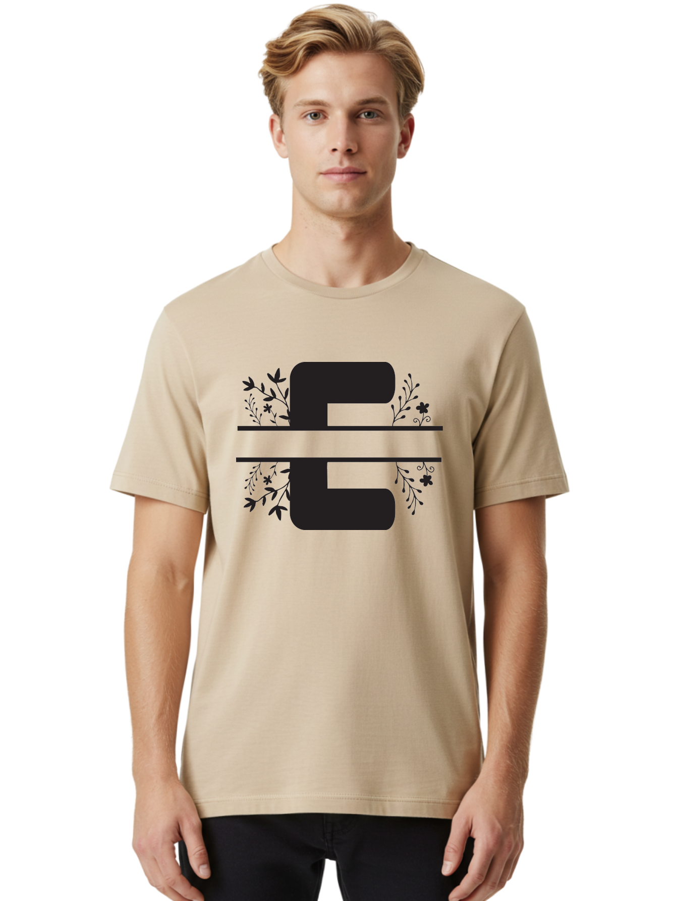E-1 Men'S Graphic Tee, 100% Cotton, Comfortable Casual Summer Wear, Machine Washable, Floral Designs, Leafy Patterns, Bold Typography, Decorative Elements, Black Silhouettes, Elegant Lettering, Floral Motifs Aac664