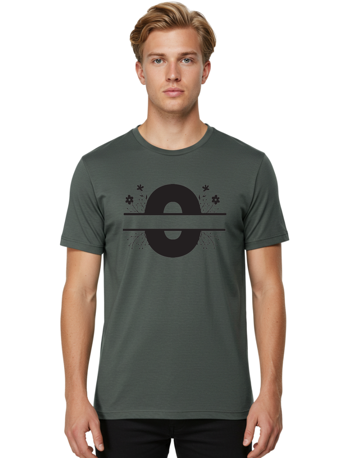 E-2 Men'S Graphic Tee, 100% Cotton, Comfortable Casual Summer Wear, Machine Washable, Black Letter E, Floral Design, Abstract Art, Minimalist Style, Bold Typography, Artistic Expression, Elegance, Simplicity, Modern Aesthetic, Unique Design, Aac665