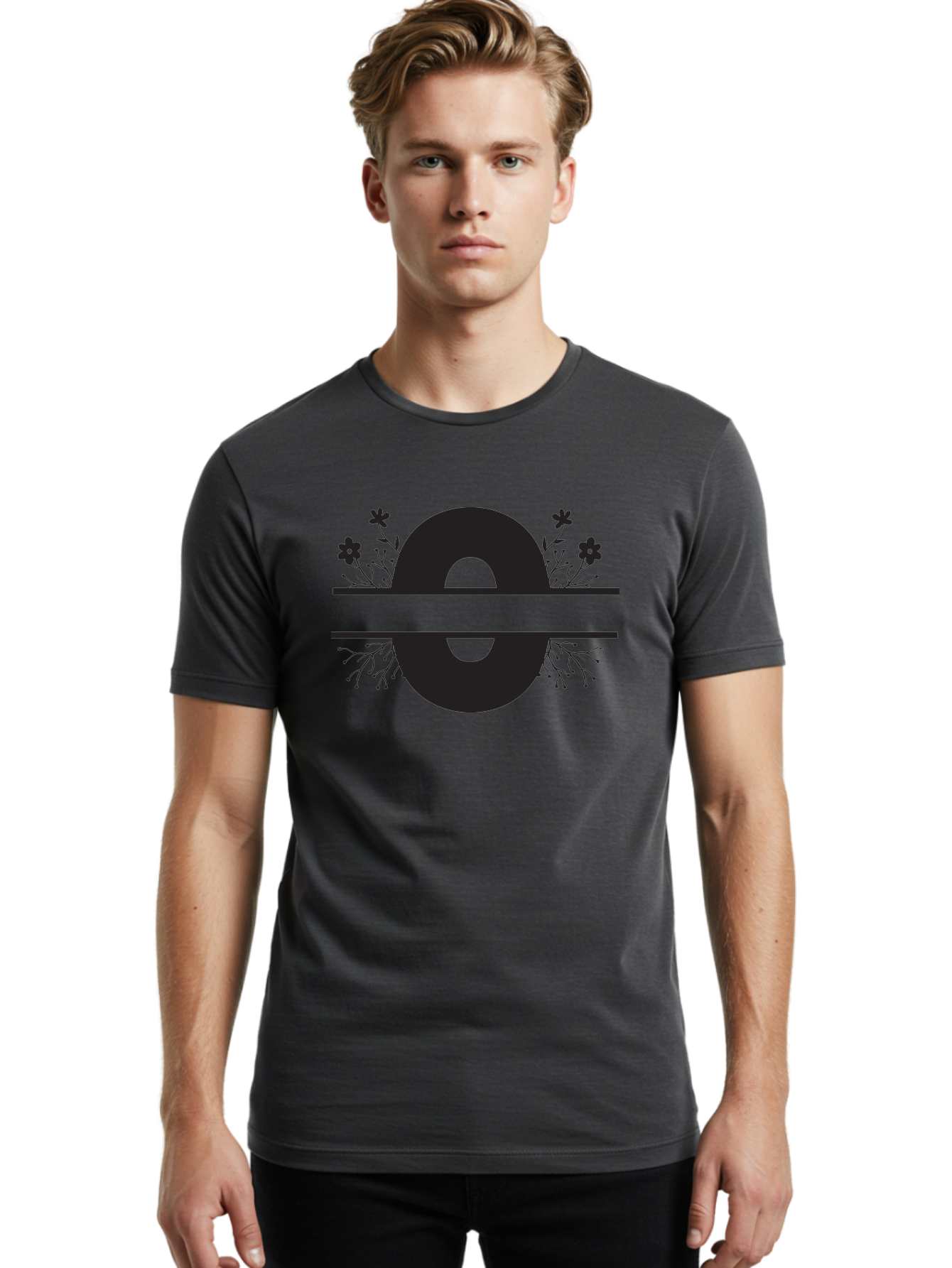 E-2 Men'S Graphic Tee, 100% Cotton, Comfortable Casual Summer Wear, Machine Washable, Black Letter E, Floral Design, Abstract Art, Minimalist Style, Bold Typography, Artistic Expression, Elegance, Simplicity, Modern Aesthetic, Unique Design, Aac665
