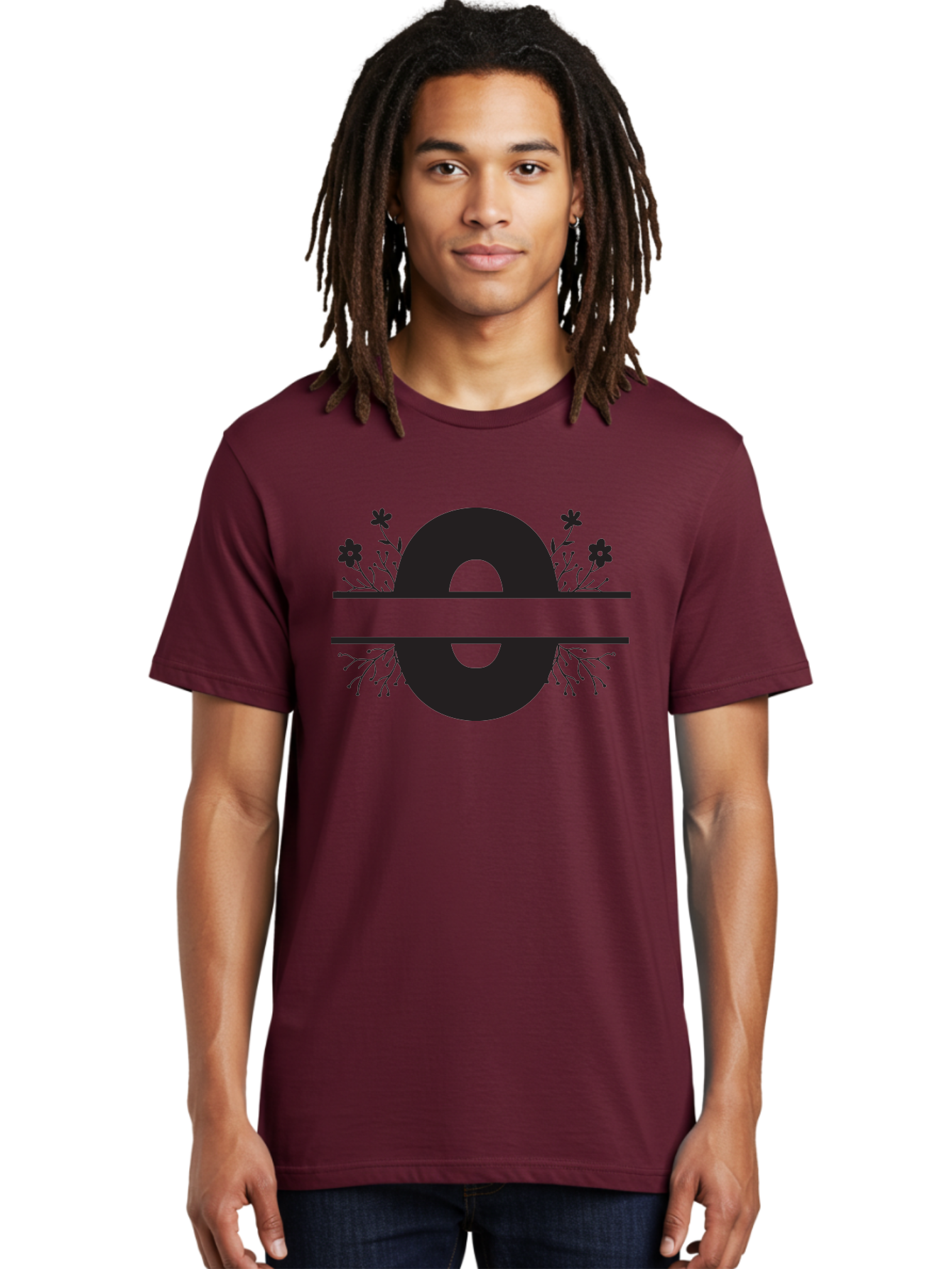 E-2 Men'S Graphic Tee, 100% Cotton, Comfortable Casual Summer Wear, Machine Washable, Black Letter E, Floral Design, Abstract Art, Minimalist Style, Bold Typography, Artistic Expression, Elegance, Simplicity, Modern Aesthetic, Unique Design, Aac665
