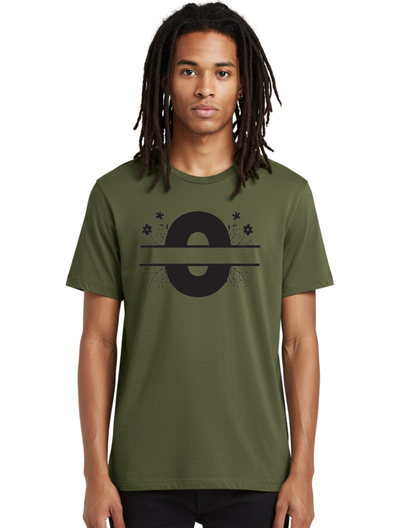 E-2 Men'S Graphic Tee, 100% Cotton, Comfortable Casual Summer Wear, Machine Washable, Black Letter E, Floral Design, Abstract Art, Minimalist Style, Bold Typography, Artistic Expression, Elegance, Simplicity, Modern Aesthetic, Unique Design, Aac665