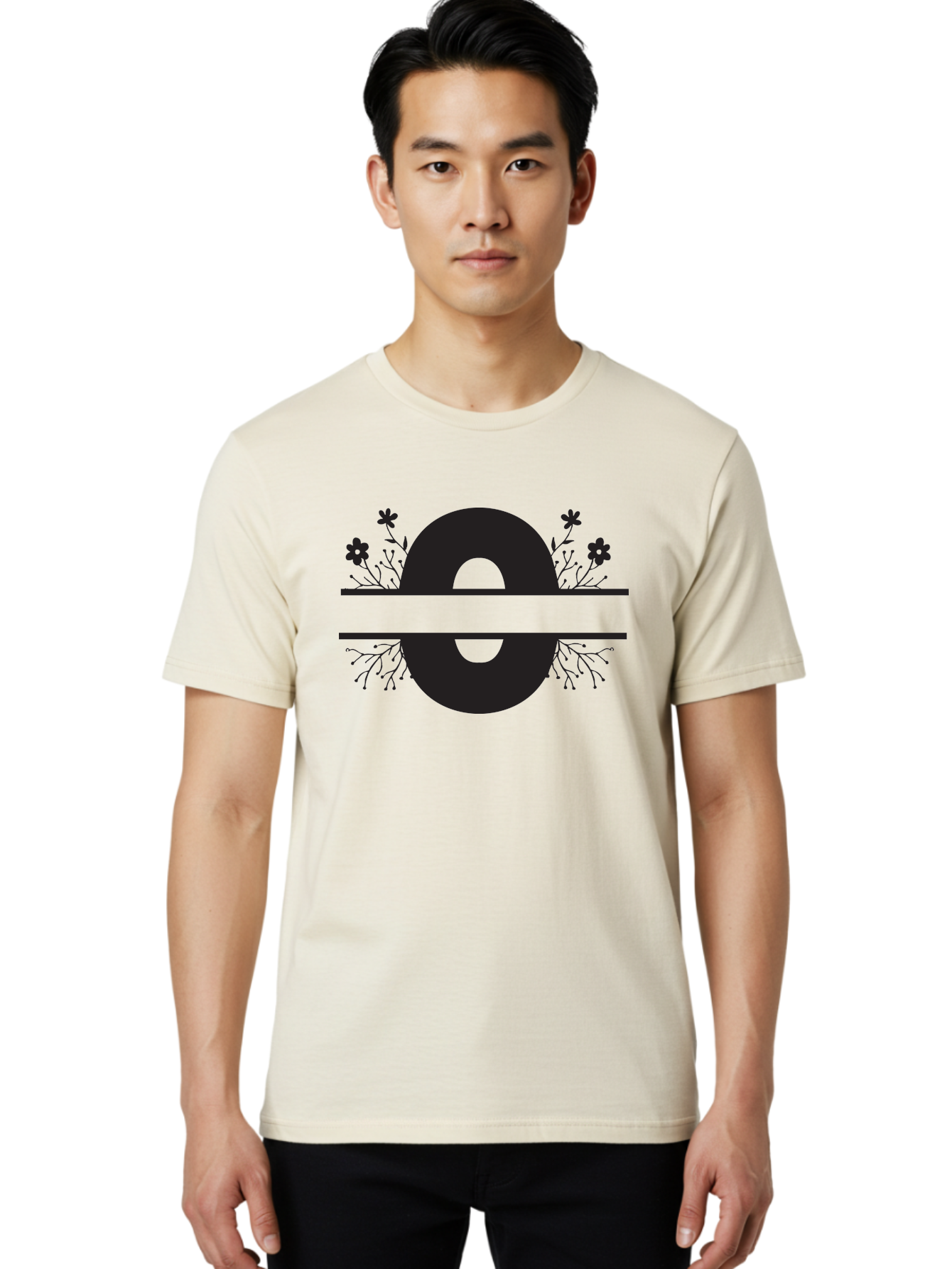 E-2 Men'S Graphic Tee, 100% Cotton, Comfortable Casual Summer Wear, Machine Washable, Black Letter E, Floral Design, Abstract Art, Minimalist Style, Bold Typography, Artistic Expression, Elegance, Simplicity, Modern Aesthetic, Unique Design, Aac665