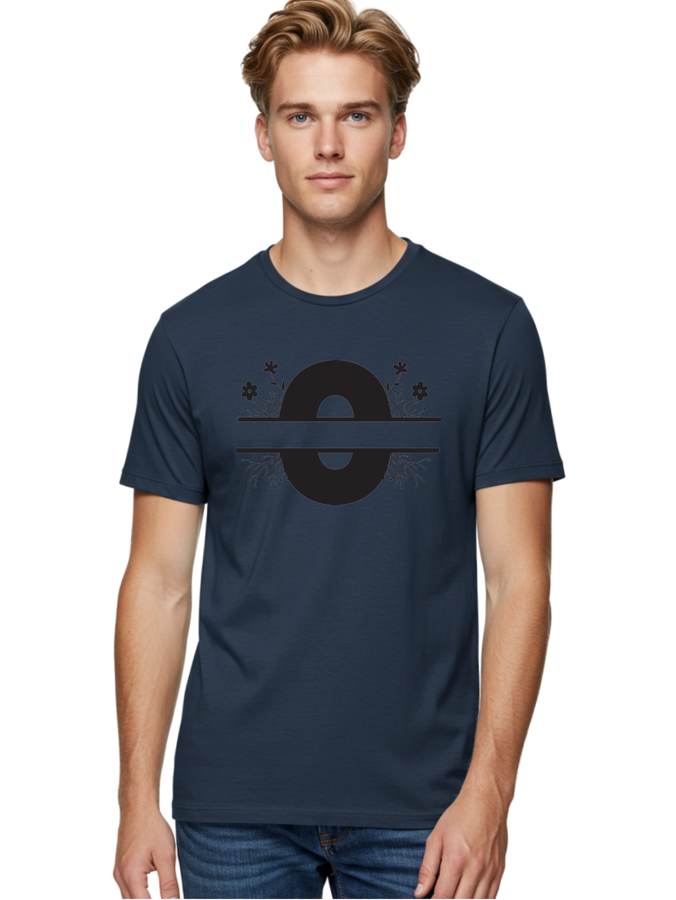 E-2 Men'S Graphic Tee, 100% Cotton, Comfortable Casual Summer Wear, Machine Washable, Black Letter E, Floral Design, Abstract Art, Minimalist Style, Bold Typography, Artistic Expression, Elegance, Simplicity, Modern Aesthetic, Unique Design, Aac665