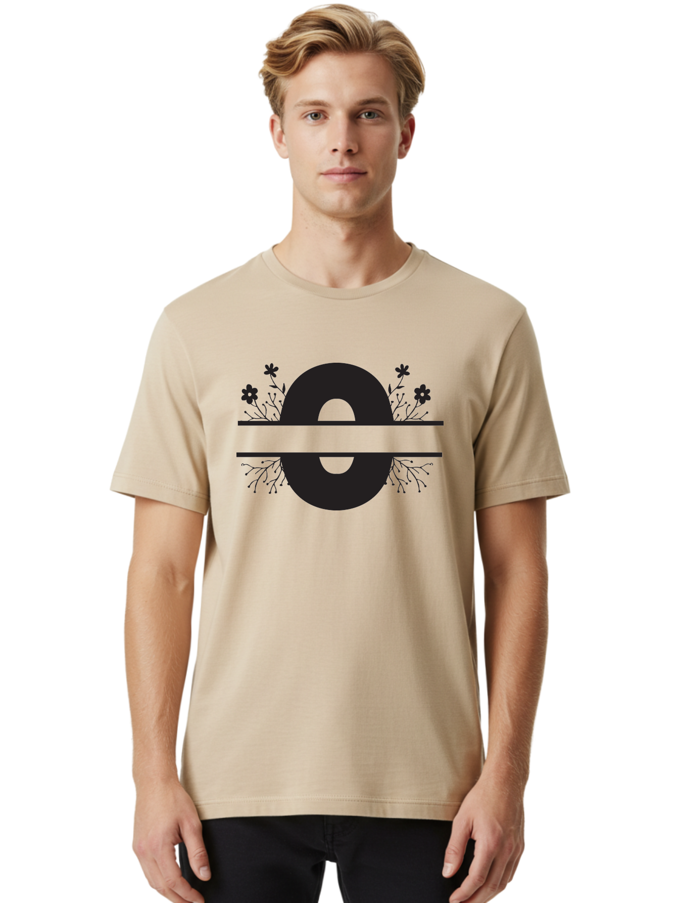 E-2 Men'S Graphic Tee, 100% Cotton, Comfortable Casual Summer Wear, Machine Washable, Black Letter E, Floral Design, Abstract Art, Minimalist Style, Bold Typography, Artistic Expression, Elegance, Simplicity, Modern Aesthetic, Unique Design, Aac665