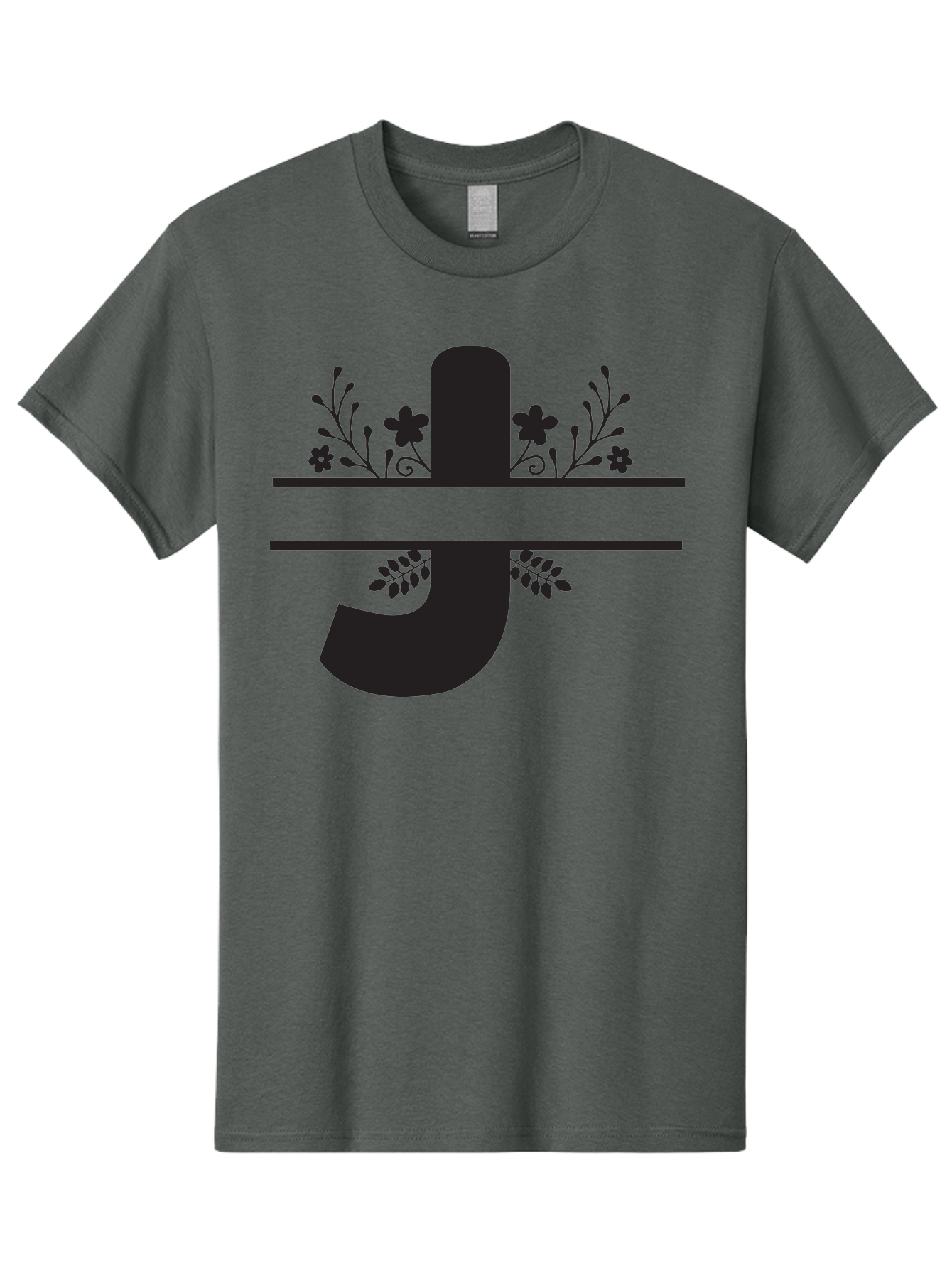 E-Symbol Men'S Graphic Tee, 100% Cotton, Comfortable Casual Summer Wear, Machine Washable, Floral Alphabet, Decorative Letter, Black And Green, Bold Font, Flowers And Leaves, Elegant Design, Stylized Lettering, Unique Typography Aac666